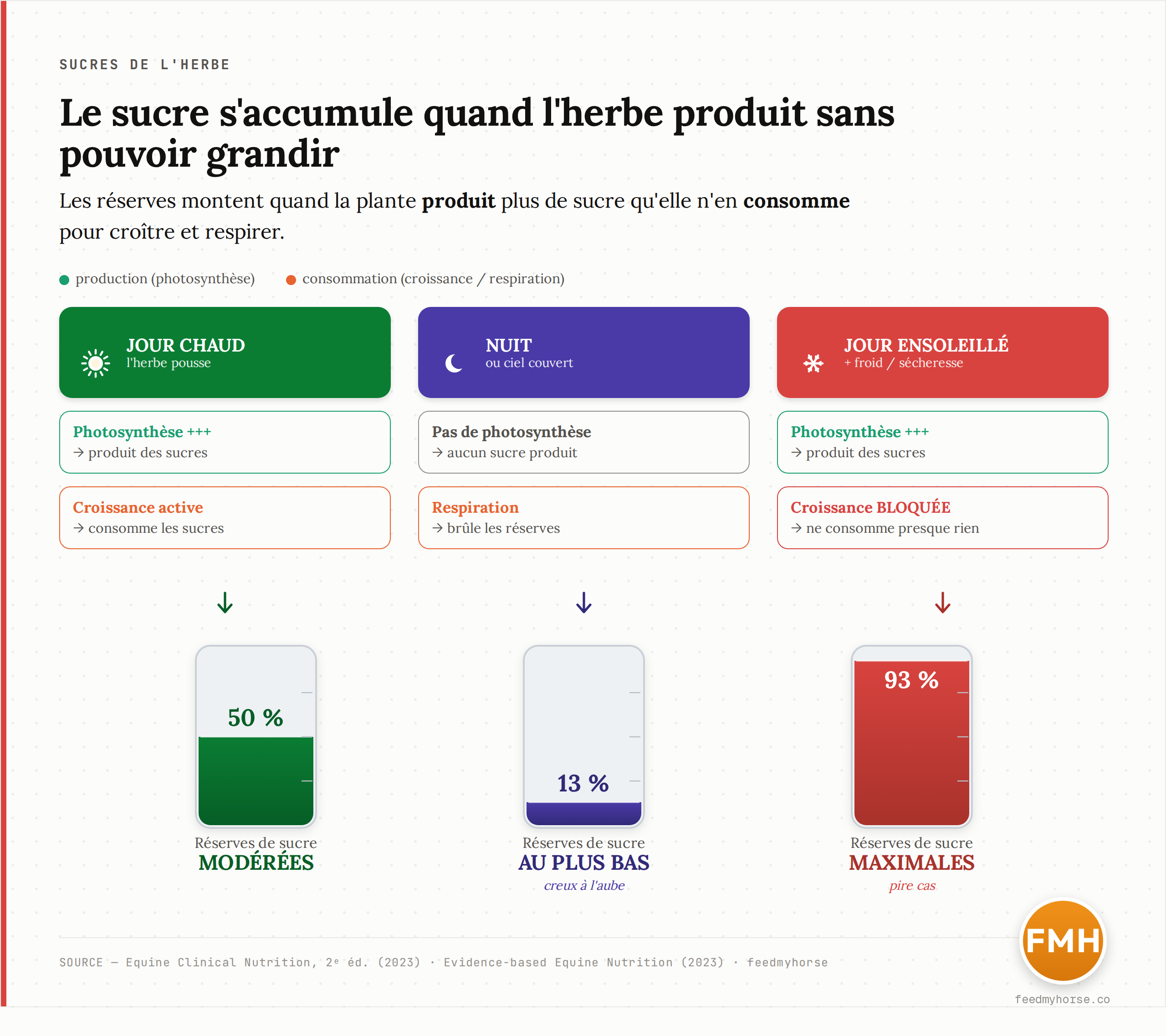 Bilan production/consommation de sucres dans l'herbe selon trois situations. Jour chaud, herbe qui pousse : la plante produit et consomme, réserves modérées. Nuit ou ciel couvert : plus de production, la respiration puise dans les réserves, qui tombent au plus bas à l'aube. Jour ensoleillé avec froid ou sécheresse : la plante produit mais ne peut plus croître, les réserves montent au maximum. Sources : Equine Clinical Nutrition, 2e éd. (2023) ; Evidence-based Equine Nutrition (2023).