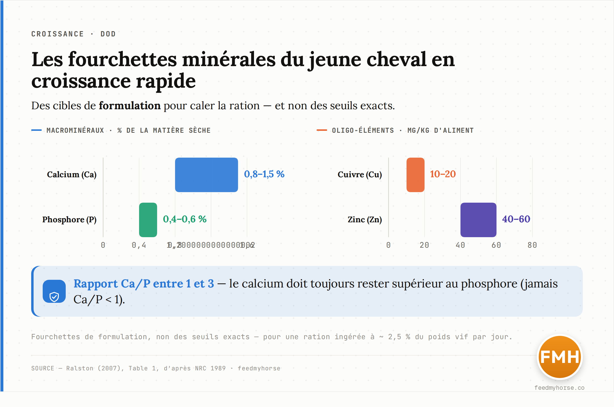 Fourchettes minérales visées pour le jeune cheval en croissance rapide : calcium 0,8–1,5 % et phosphore 0,4–0,6 % de la matière sèche de la ration ; cuivre 10–20 mg/kg et zinc 40–60 mg/kg d'aliment. Ce sont des fourchettes de formulation, non des seuils exacts. Source : Ralston (2007), Table 1, d'après NRC 1989.