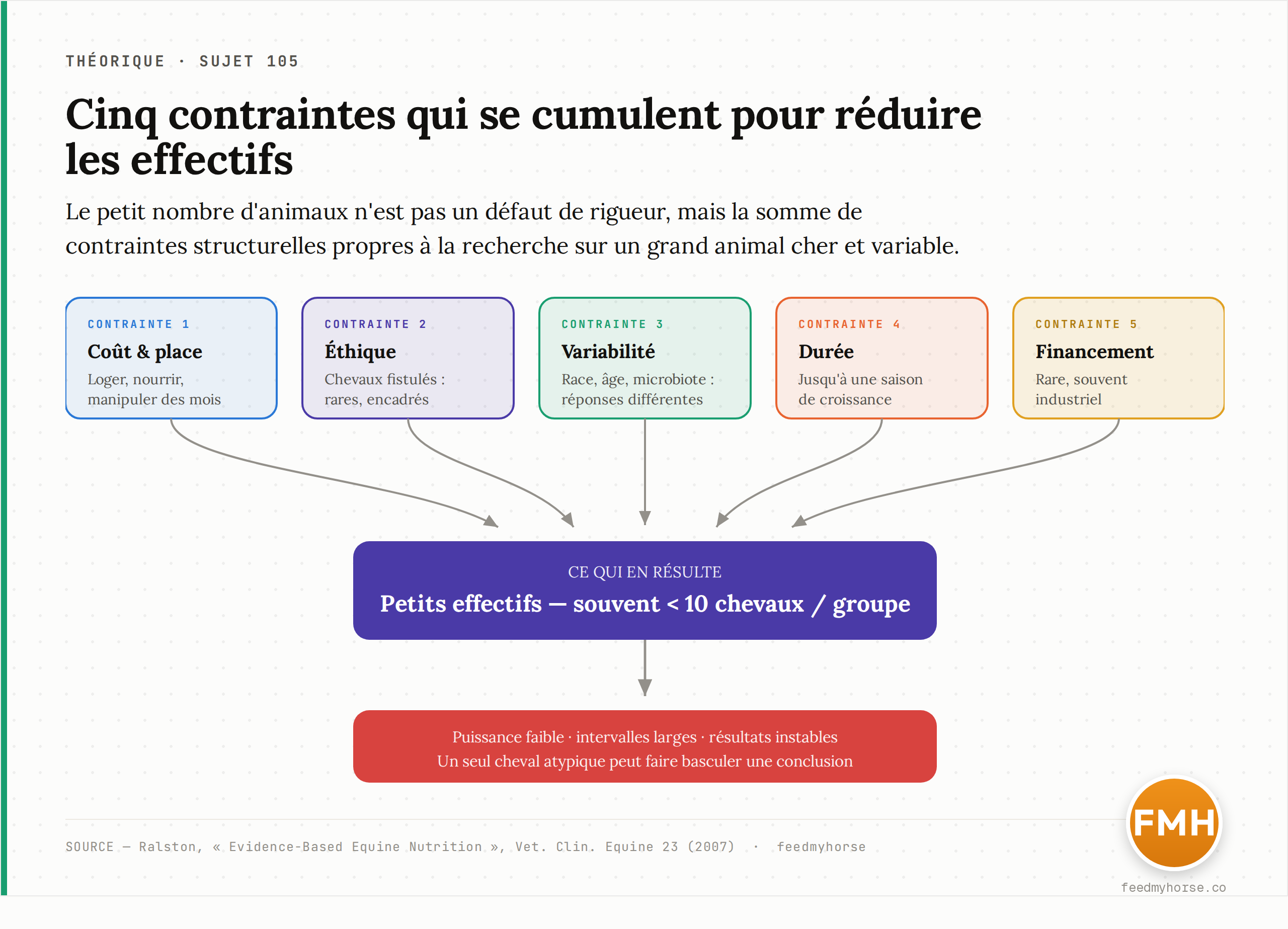 Cinq contraintes cumulées — coût et place, éthique (chevaux fistulés rares et encadrés), variabilité individuelle, durée des essais, financement rare et souvent industriel — convergent vers de petits effectifs (souvent moins de 10 chevaux par groupe), d'où puissance faible, intervalles larges et résultats instables. Source : Ralston 2007.