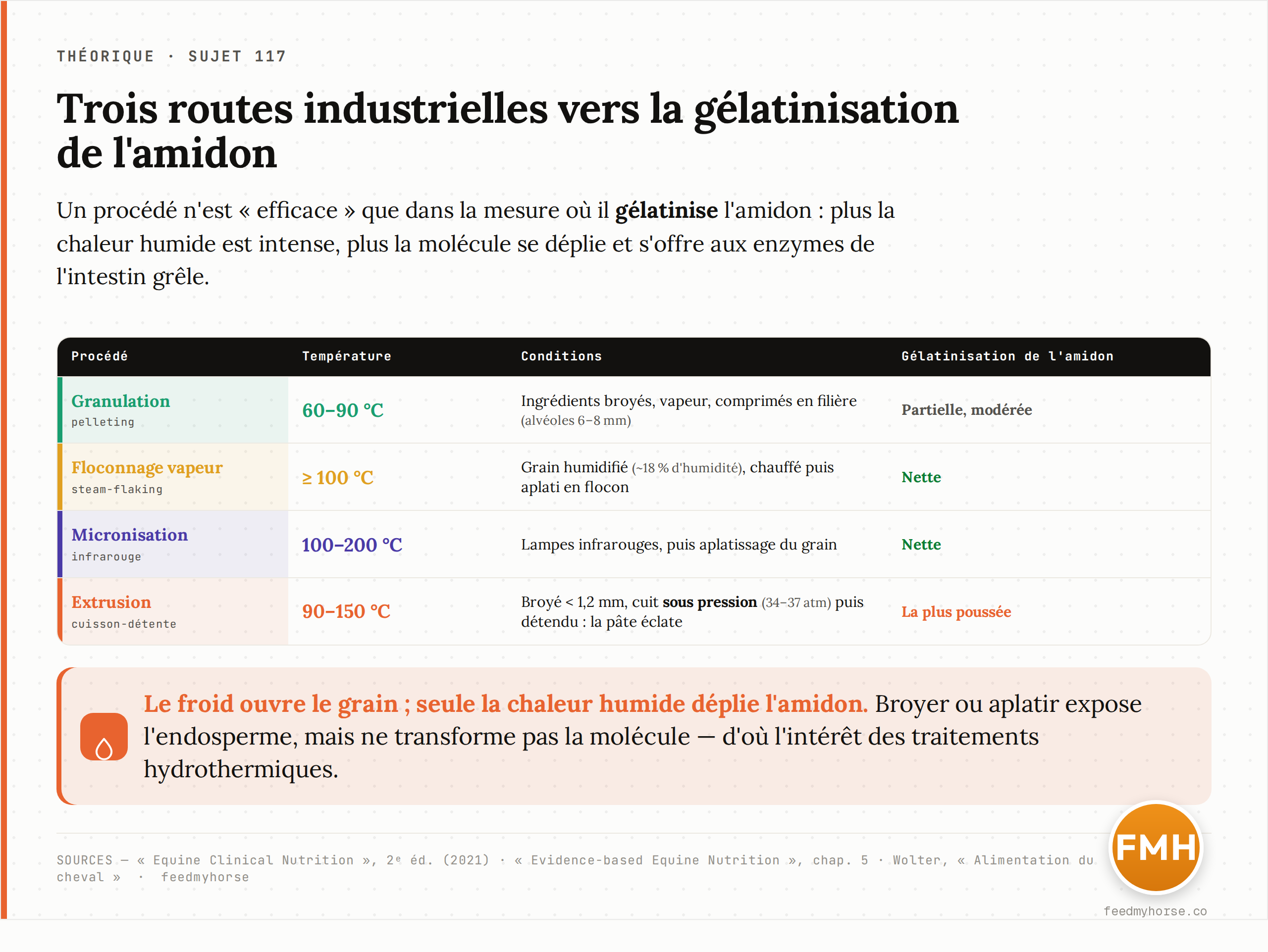 Tableau comparatif des procédés hydrothermiques : granulation 60–90 °C (gélatinisation partielle), floconnage vapeur ≥ 100 °C (~18 % d'humidité), micronisation infrarouge 100–200 °C, extrusion 90–150 °C sous pression 34–37 atm (gélatinisation la plus poussée). Source : Equine Clinical Nutrition, 2e éd. (2021) ; Evidence-based Equine Nutrition, chap. 5 ; Wolter.
