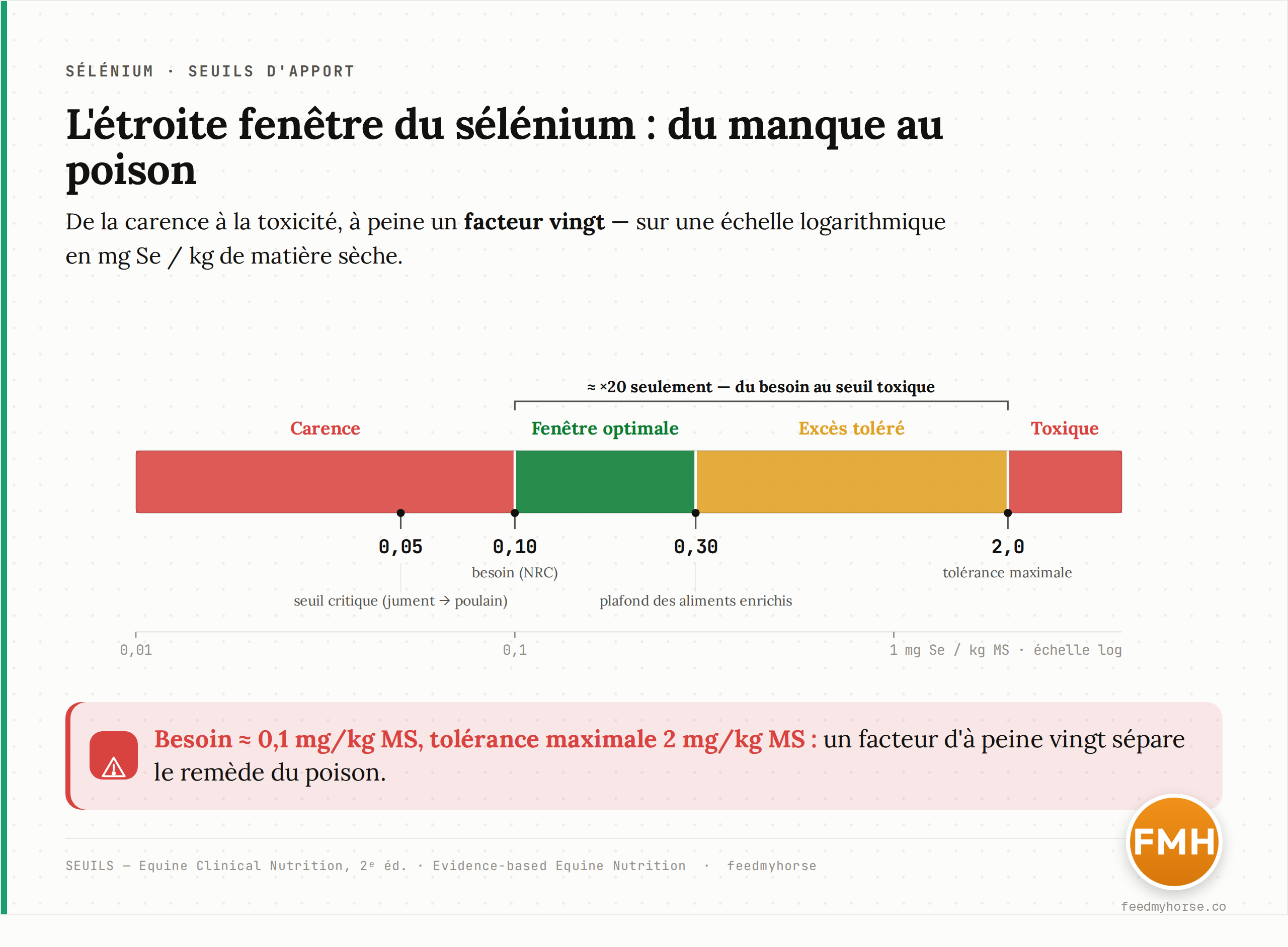 Échelle conceptuelle de l'apport en sélénium (mg Se / kg de matière sèche, échelle logarithmique). Sous 0,10 mg/kg (besoin NRC) s'ouvre la zone de carence, avec un seuil critique à 0,05 mg/kg dans la ration de la jument pour le poulain. La fenêtre optimale, étroite, s'étend d'environ 0,10 à 0,30 mg/kg (plafond des aliments commerciaux). La tolérance maximale est fixée à 2,0 mg/kg : besoin et seuil toxique ne sont séparés que d'un facteur d'environ vingt. Seuils d'après Equine Clinical Nutrition (2e éd.) et Evidence-based Equine Nutrition ; la courbe de risque est schématique.