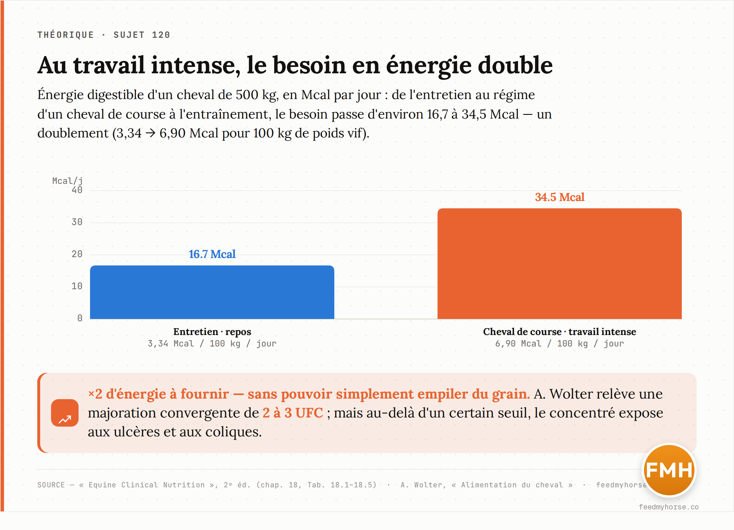 Le besoin en énergie digestible d'un cheval de course de 500 kg passe d'environ 16,7 Mcal/jour à l'entretien à 34,5 Mcal/jour au travail très intense, soit un doublement (3,34 → 6,90 Mcal pour 100 kg de poids vif) ; A. Wolter relève une majoration convergente de 2 à 3 UFC (Equine Clinical Nutrition, 2e éd. ; A. Wolter, Alimentation du cheval).