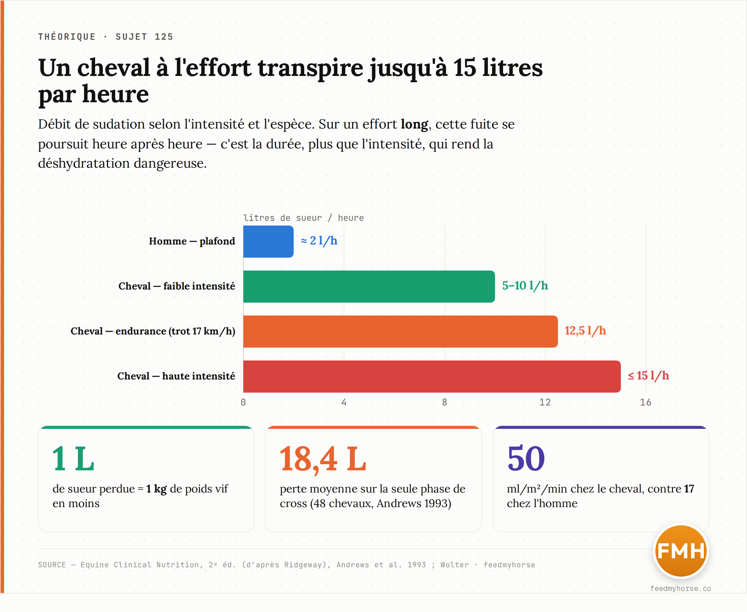 Débit de sudation à l'effort : jusqu'à 15 l/h chez le cheval à haute intensité et 12,5 l/h en endurance (trot 17 km/h), contre un plafond de 2 l/h chez l'homme. Source : Equine Clinical Nutrition, 2ᵉ éd. (d'après Ridgeway) et Wolter.