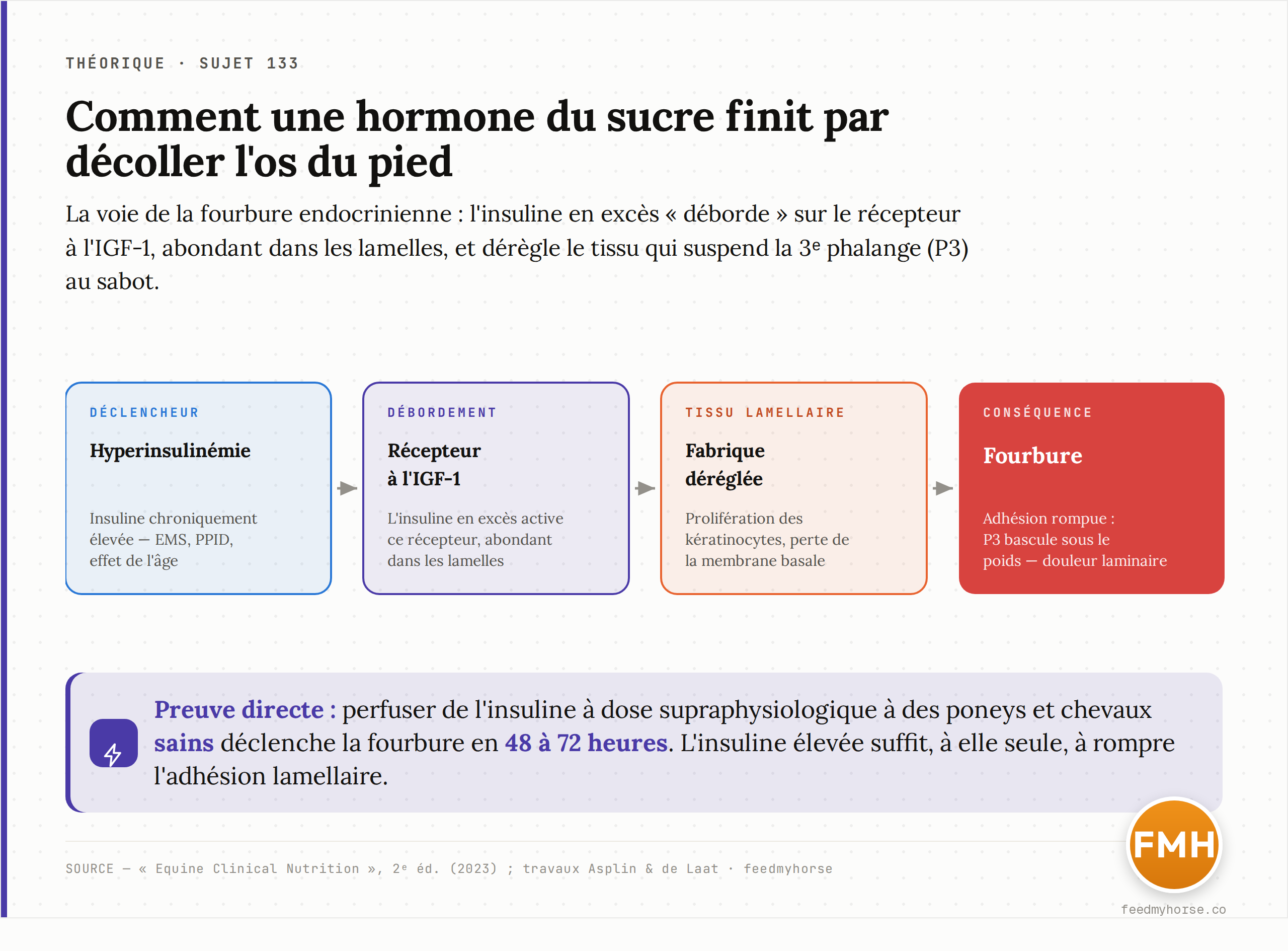 La voie de la fourbure endocrinienne en quatre étapes : hyperinsulinémie chronique (EMS, PPID, âge) → l'insuline en excès active le récepteur à l'IGF-1, abondant dans les lamelles → prolifération des kératinocytes et perte de la membrane basale → rupture de l'adhésion, bascule de P3 et fourbure. Preuve directe : une perfusion d'insuline à dose supraphysiologique déclenche la fourbure en 48 à 72 h chez des chevaux sains. Source : Equine Clinical Nutrition, 2e éd. (2023), travaux Asplin & de Laat.