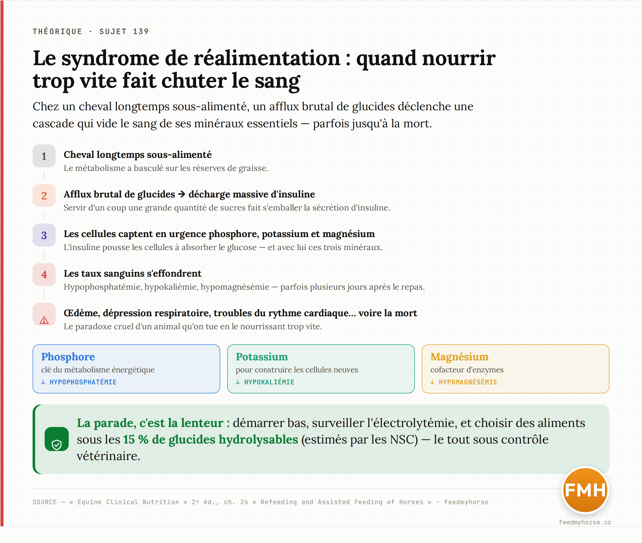 Cascade du syndrome de réalimentation : un afflux de glucides déclenche une décharge massive d'insuline qui fait entrer phosphore, potassium et magnésium dans les cellules — leurs taux sanguins s'effondrent (hypophosphatémie, hypokaliémie, hypomagnésémie), au risque d'œdème, de dépression respiratoire, de troubles du rythme cardiaque, voire de mort. Parade : démarrer bas et sous les 15 % de glucides hydrolysables (NSC). Source : Equine Clinical Nutrition 2ᵉ éd., ch. 24 · feedmyhorse