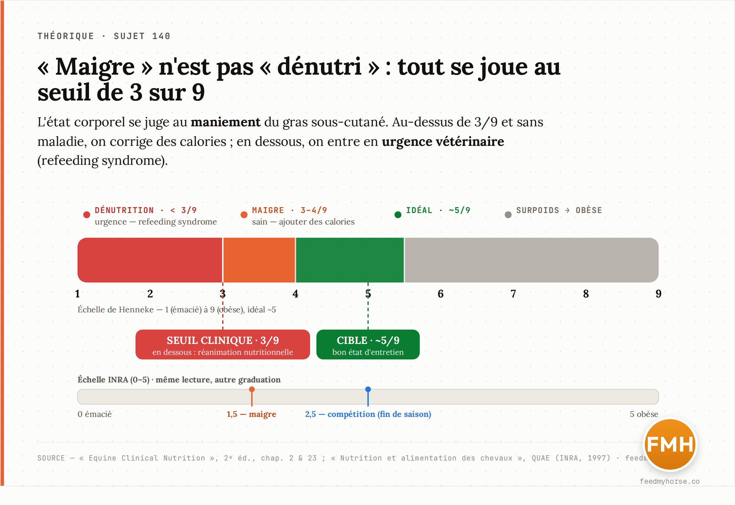Échelle d'état corporel de Henneke (1 à 9) : la zone rouge « dénutrition » (< 3/9) relève de l'urgence vétérinaire (refeeding syndrome), la zone orange « maigre » (3–4/9) se corrige par des calories, la cible est ~5/9 ; échelle INRA (0–5) en regard, avec la note 1,5 « maigre » et 2,5 « compétition, fin de saison ». Source : Equine Clinical Nutrition, 2e éd., chap. 2 & 23 ; Nutrition et alimentation des chevaux, QUAE (INRA-IFCE-IE, 1997).