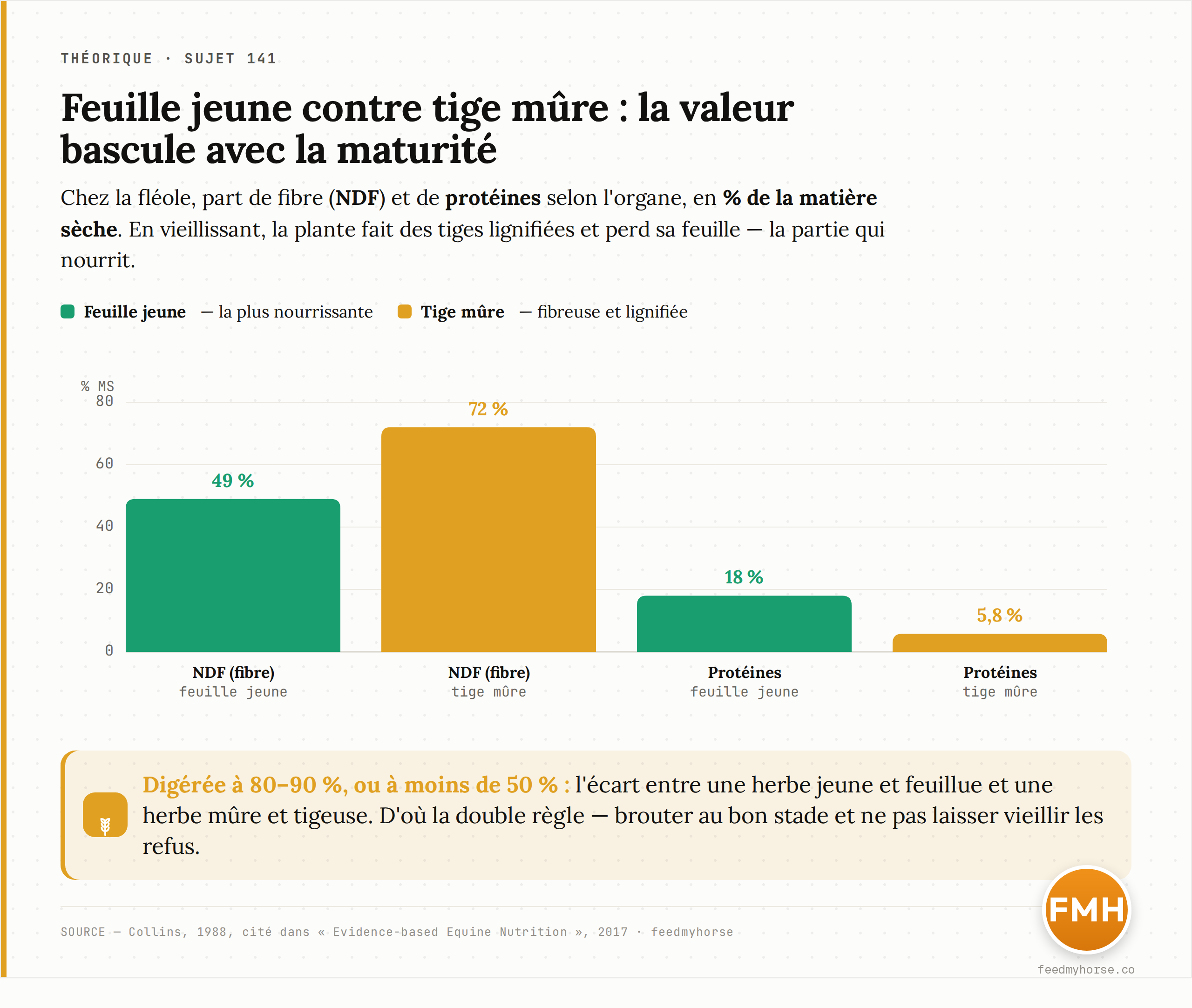 Chez la fléole, la feuille jeune et la tige mûre s'opposent terme à terme : la feuille affiche 49 % de NDF (fibre) pour 18 % de protéines, la tige 72 % de NDF pour seulement 5,8 % de protéines (Collins, 1988, cité dans Evidence-based Equine Nutrition).
