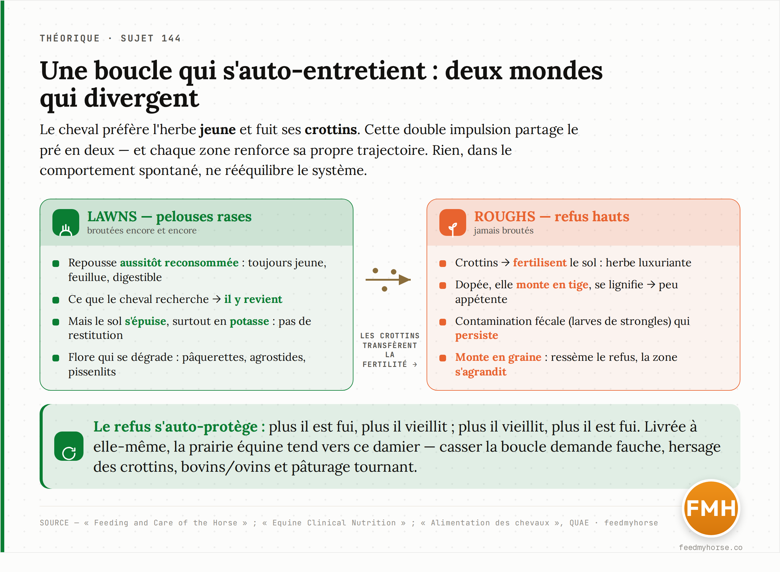 Schéma de la boucle auto-entretenue : le cheval préfère l'herbe jeune et fuit ses crottins, ce qui partage le pré en deux mondes divergents. Les lawns (pelouses rases) restent jeunes et attirants mais s'épuisent, surtout en potasse ; les roughs (refus hauts), fertilisés par les crottins, montent en tige, se contaminent (larves de strongles) et montent en graine — la zone s'agrandit. Les crottins transfèrent en permanence la fertilité des lawns vers les roughs. Sources : Feeding and Care of the Horse ; Equine Clinical Nutrition ; Alimentation des chevaux, QUAE.