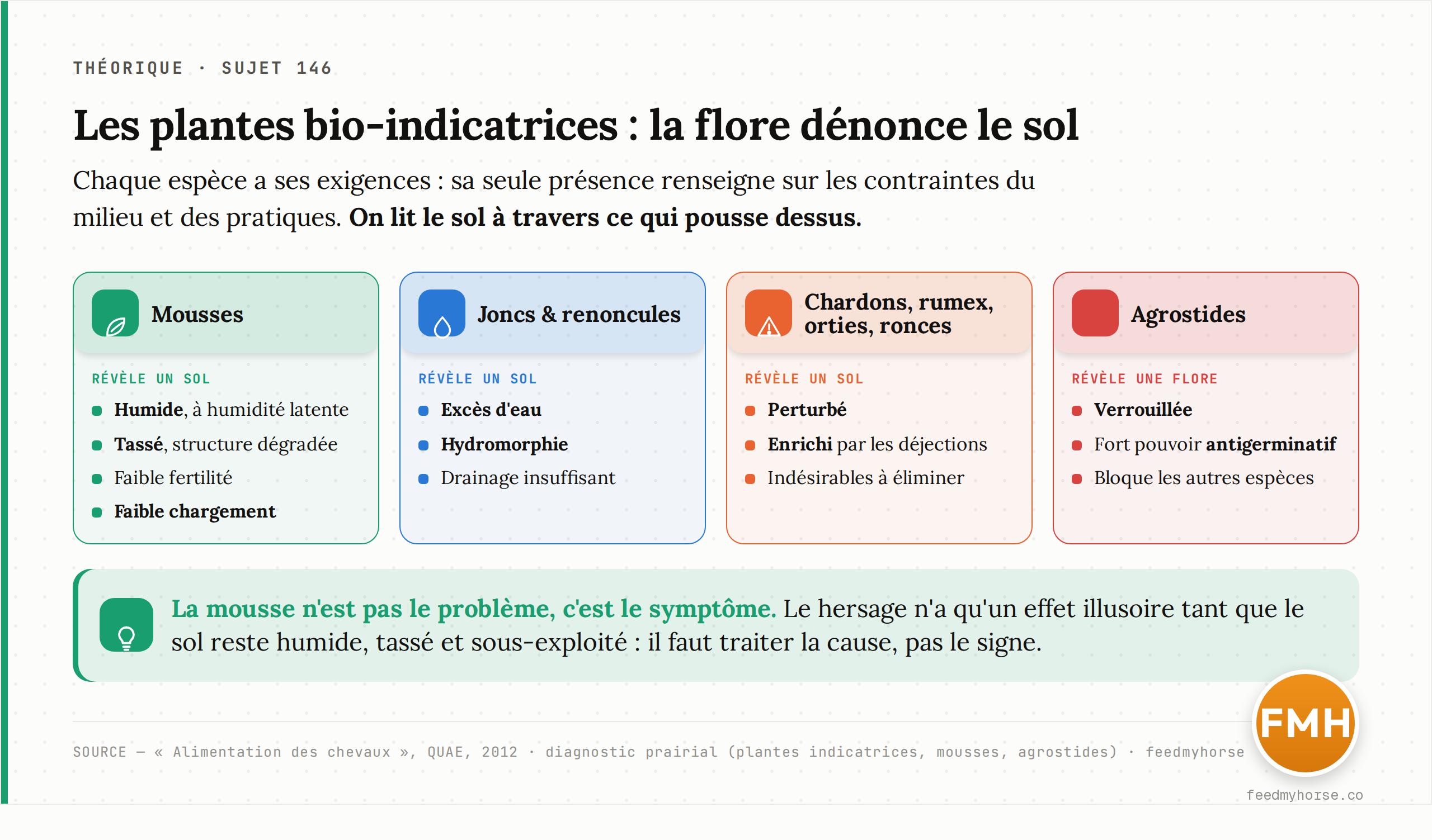 Décodeur des plantes bio-indicatrices : mousses = sol humide, tassé, faible fertilité et faible chargement ; joncs et renoncules = excès d'eau et hydromorphie ; chardons, rumex, orties, ronces = sol perturbé ou enrichi par les déjections ; agrostides = flore verrouillée (pouvoir antigerminatif). « On lit le sol à travers ce qui pousse dessus » (QUAE, 2012).