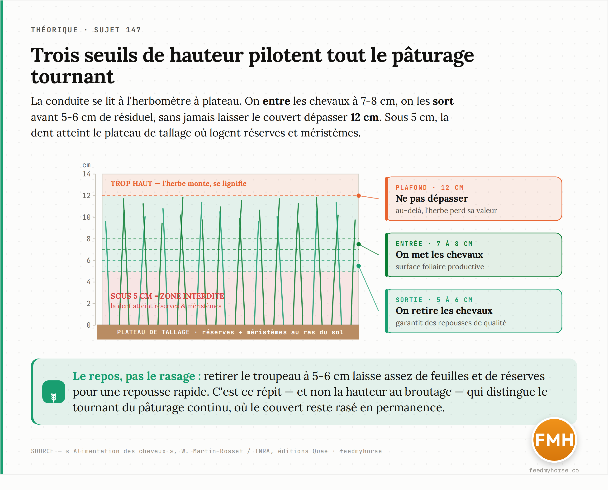 Repères de conduite à l'herbomètre : entrée des chevaux à 7-8 cm, sortie à 5-6 cm de hauteur résiduelle, plafond à ne pas dépasser à 12 cm. Sous 5 cm, la dent atteint le plateau de tallage où logent réserves et méristèmes (INRA/Quae).