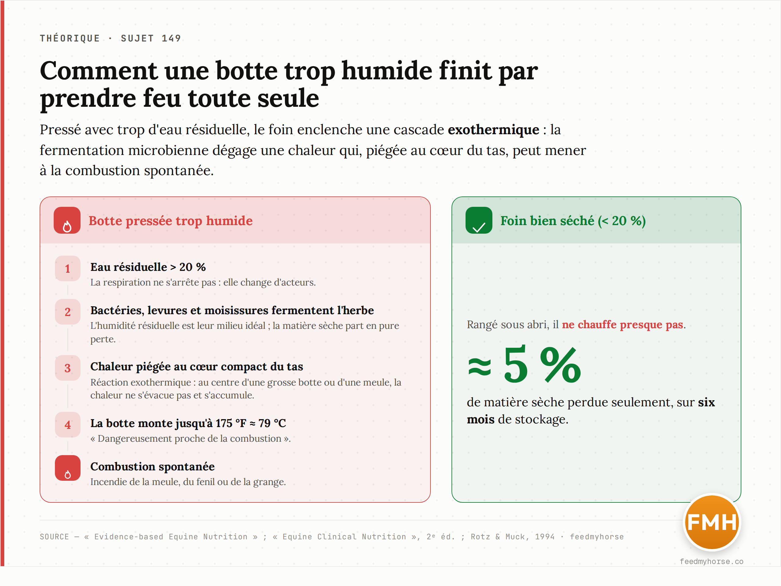 Pressée trop humide, la botte enclenche une cascade exothermique : les bactéries et moisissures fermentent l'herbe, la chaleur s'accumule au cœur compact du tas et la température peut grimper jusqu'à 175 °F (environ 79 °C), dangereusement proche de l'auto-inflammation. À l'inverse, un foin correctement séché et stocké sous abri ne perd qu'environ 5 % de sa matière sèche sur six mois. Sources : Evidence-based Equine Nutrition ; Equine Clinical Nutrition, 2e éd. ; Rotz et Muck, 1994.