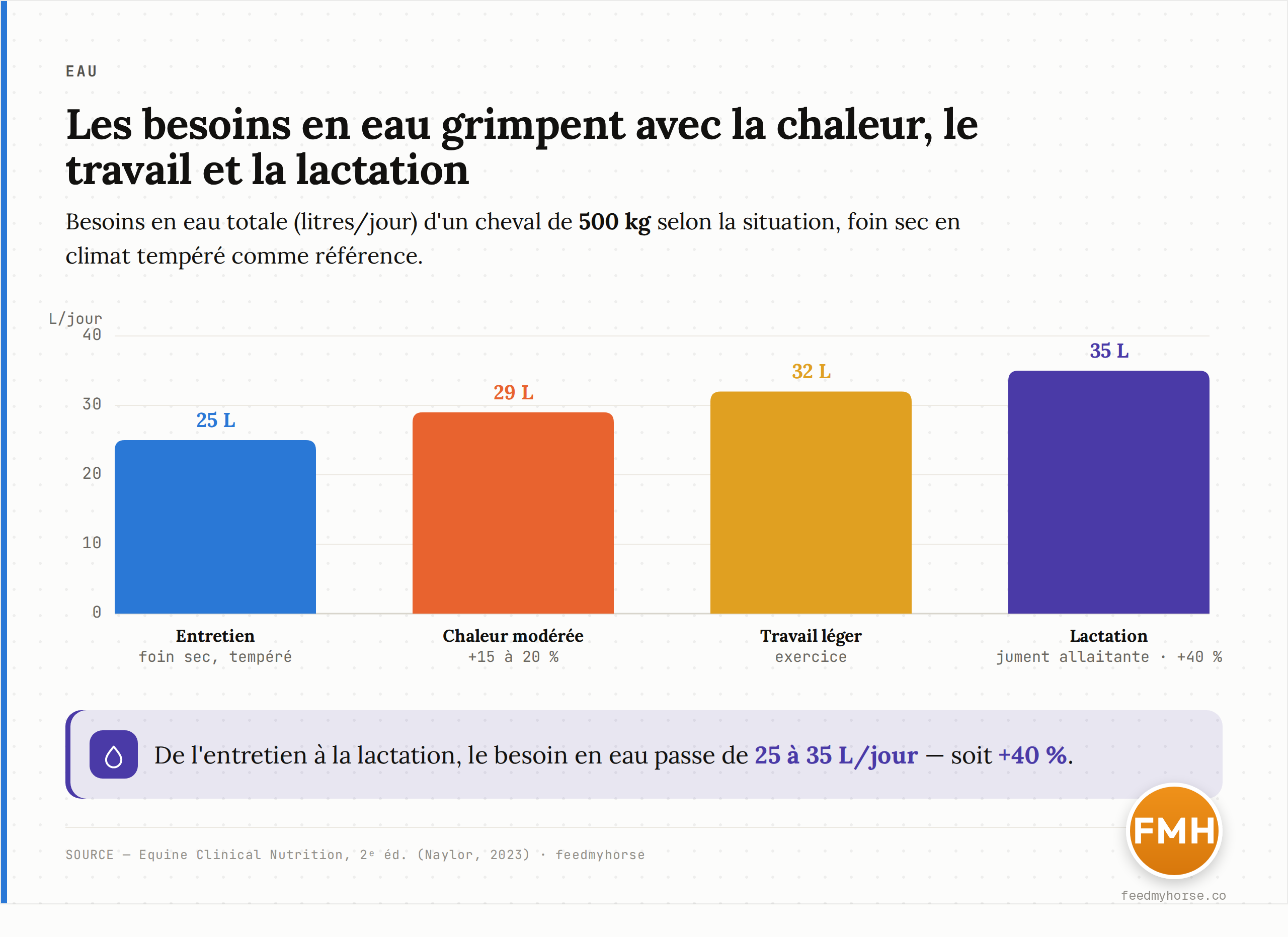 Besoins en eau totale (litres/jour) d'un cheval de 500 kg selon la situation : 25 L à l'entretien (foin sec, climat tempéré), 29 L en chaleur modérée (+15 à 20 %), 32 L au travail léger, 35 L pour une jument en lactation (+40 %). Source : Equine Clinical Nutrition, 2e éd. (Naylor, 2023).