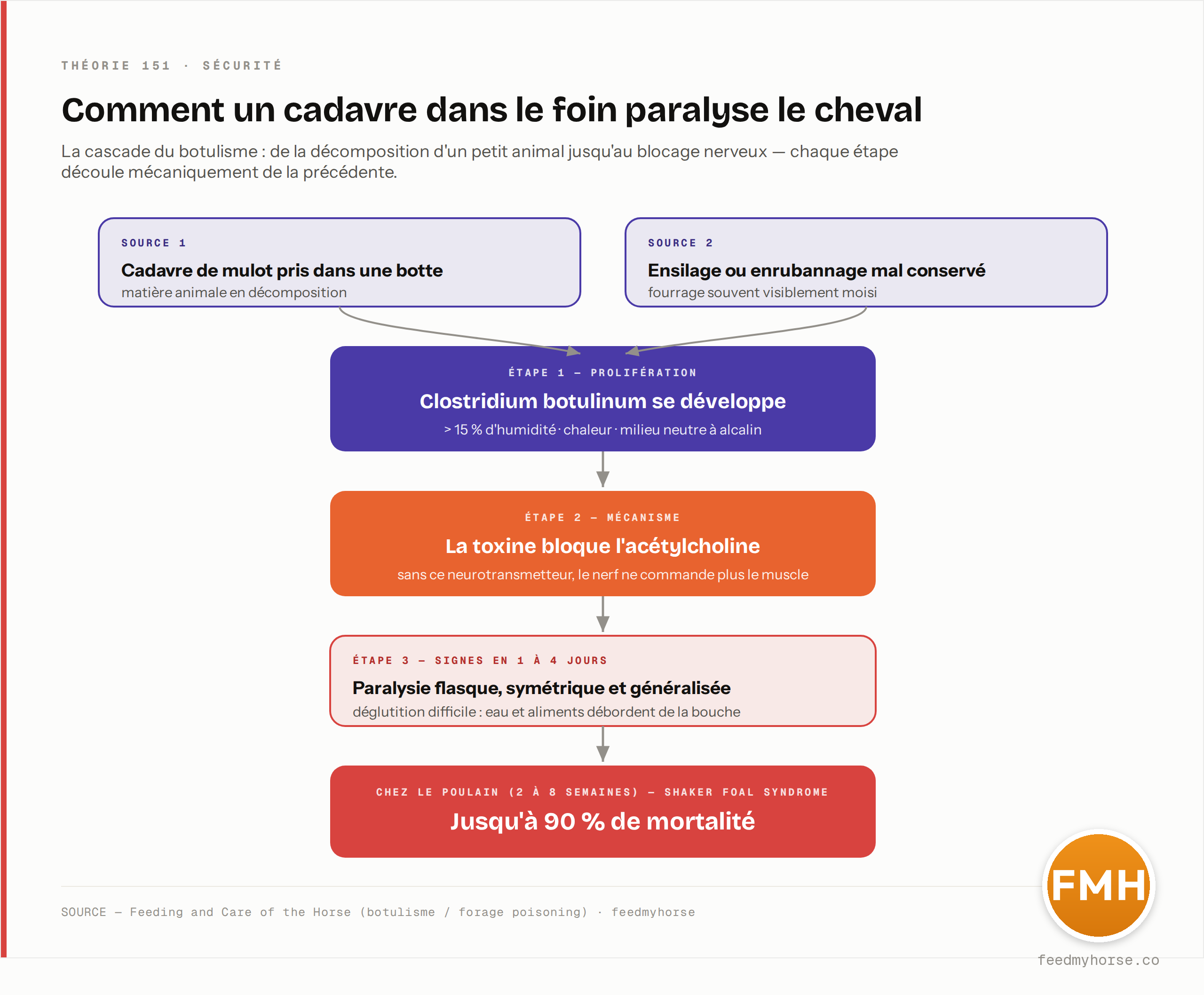 Cascade du botulisme : un cadavre pris dans le foin ou un ensilage mal conservé permet à Clostridium botulinum de se développer (au-delà de 15 % d'humidité, en milieu chaud, neutre à alcalin) ; sa toxine bloque la libération d'acétylcholine, si bien que le nerf ne commande plus le muscle ; s'ensuit une paralysie flasque, symétrique et généralisée (signes en 1 à 4 jours), et chez le poulain de 2 à 8 semaines le shaker foal syndrome tue jusqu'à 90 % des atteints (source : Feeding and Care of the Horse).