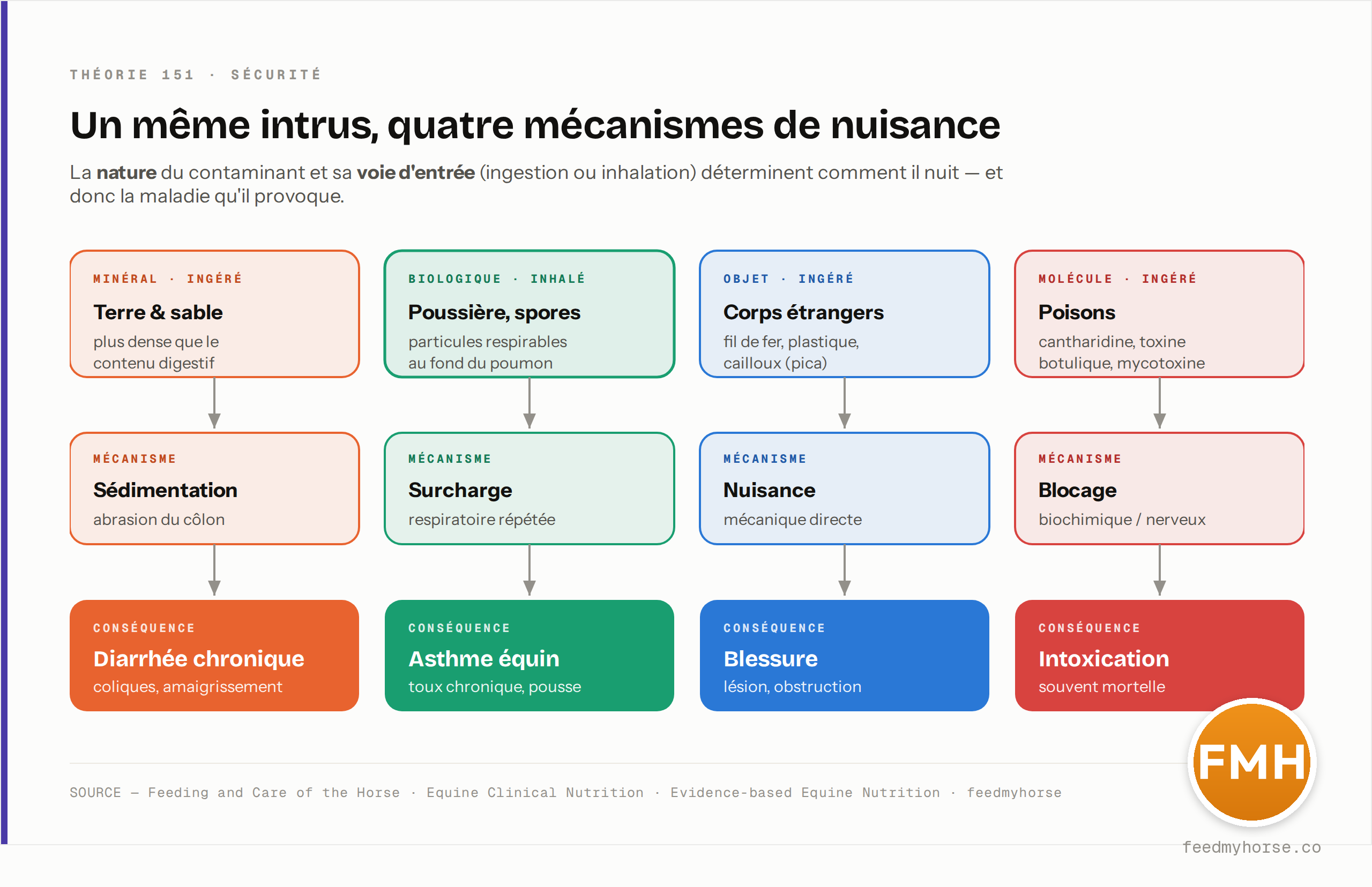 Quatre familles de contaminants, quatre mécanismes : terre et sable (minéral ingéré) sédimentent et abrasent le côlon → diarrhée chronique ; poussière et spores (biologique inhalé) créent une surcharge respiratoire → asthme équin ; les corps étrangers (objet ingéré) nuisent mécaniquement → blessure ; les poisons cantharidine, toxine botulique et mycotoxine (molécule ingérée) bloquent des voies biochimiques ou nerveuses → intoxication (source : Feeding and Care of the Horse ; Equine Clinical Nutrition ; Evidence-based Equine Nutrition).