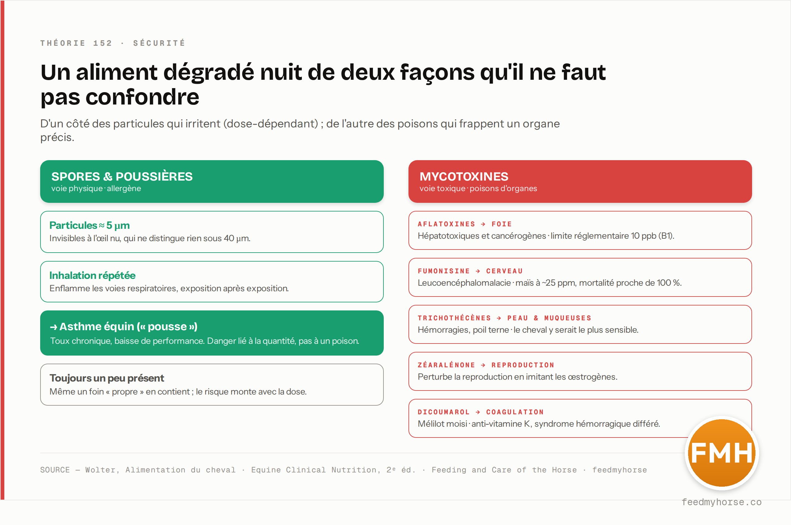 Les deux dangers d'un aliment dégradé. Voie physique : spores et poussières (≈ 5 µm, invisibles sous 40 µm) → asthme équin, danger dose-dépendant. Voie toxique : mycotoxines par organe — aflatoxines/foie (limite 10 ppb), fumonisine/cerveau (~25 ppm, mortalité proche de 100 %), trichothécènes/peau, zéaralénone/reproduction, dicoumarol/coagulation. Source : Wolter ; Equine Clinical Nutrition, 2ᵉ éd. ; Feeding and Care of the Horse — feedmyhorse.