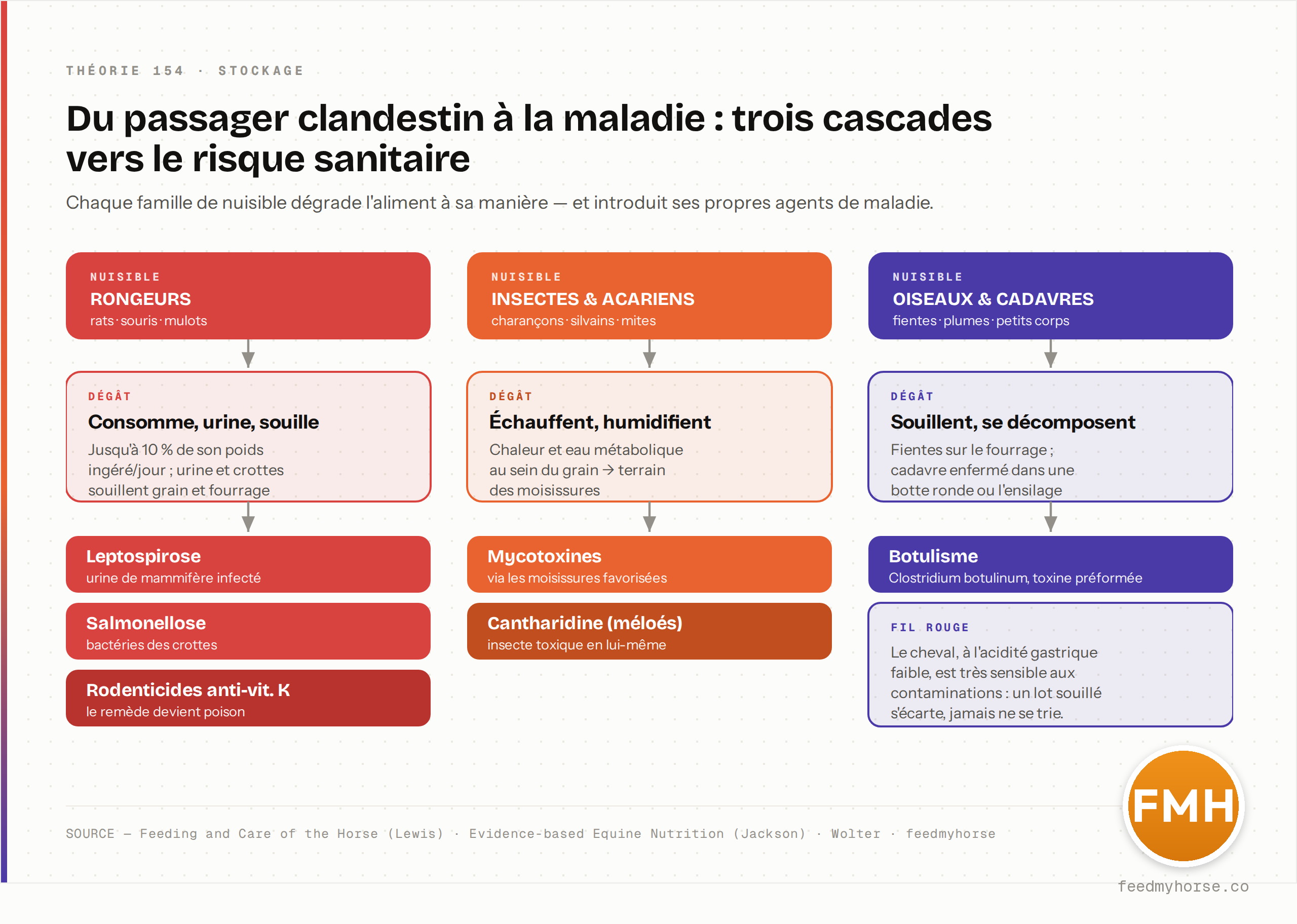 Trois cascades nuisible → dégât → risque sanitaire. Rongeurs (jusqu'à 10 % de leur poids ingéré/jour, urine et crottes) → leptospirose, salmonellose, résidus de rodenticides anti-vitamine K. Insectes et acariens (échauffement, eau métabolique) → mycotoxines, cantharidine des méloés. Oiseaux et cadavres (fientes, décomposition) → botulisme. Source : Feeding and Care of the Horse (Lewis) ; Evidence-based Equine Nutrition (Jackson) ; Wolter · feedmyhorse.