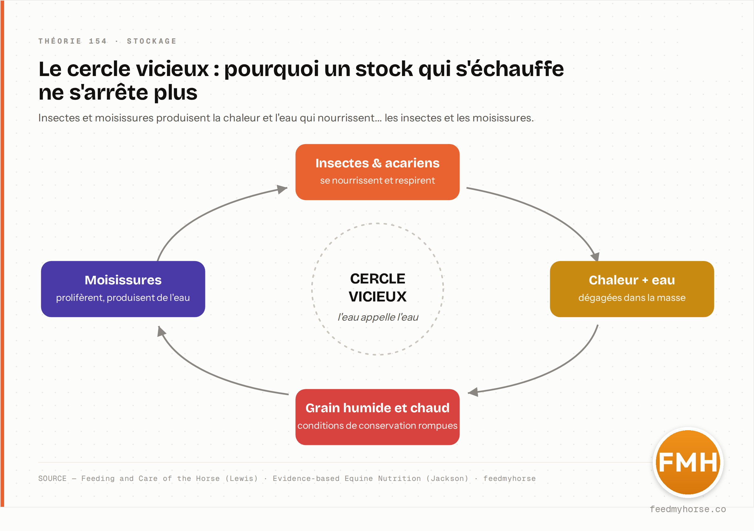 Cercle vicieux du stockage : insectes et acariens dégagent chaleur et eau métabolique → le grain s'humidifie et s'échauffe → les moisissures prolifèrent et produisent à leur tour de l'eau, qui relance le cycle. Source : Feeding and Care of the Horse (Lewis) ; Evidence-based Equine Nutrition (Jackson) · feedmyhorse.