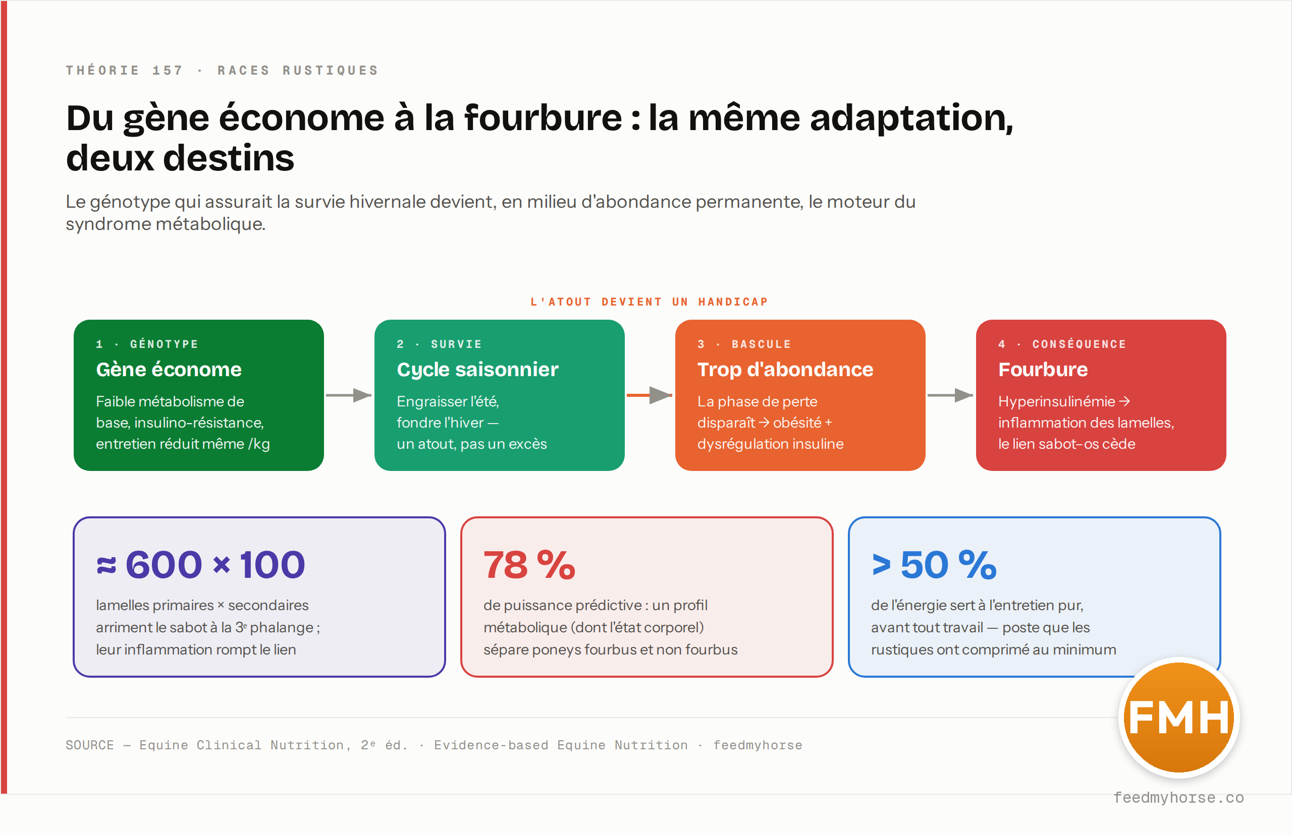 Cascade en quatre temps : le gène économe (faible métabolisme, insulino-résistance naturelle, entretien réduit même par kg) sert un cycle saisonnier prise/perte de poids ; en abondance permanente, la phase de perte disparaît et bascule vers l'obésité, la dysrégulation de l'insuline (EMS) puis la fourbure. Repères : ~600 lamelles primaires × ~100 secondaires arriment le sabot à l'os ; profil métabolique prédictif de la fourbure à 78 % ; plus de 50 % de l'énergie sert à l'entretien pur. Source : Equine Clinical Nutrition, 2e éd. ; Evidence-based Equine Nutrition · feedmyhorse.