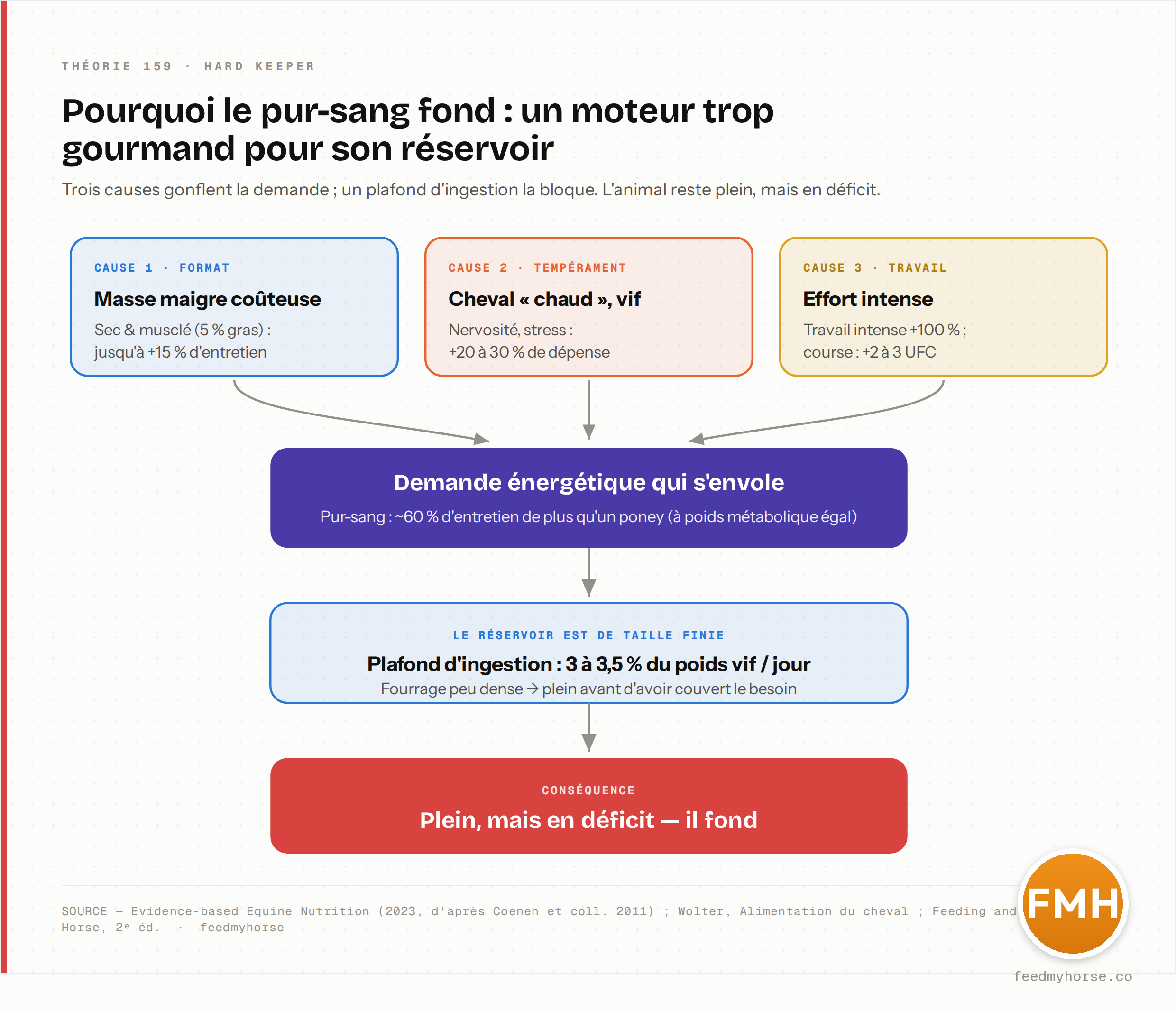 La cascade du hard keeper : trois causes gonflent la demande — masse maigre (jusqu'à +15 % d'entretien), tempérament « chaud » (+20 à 30 % de dépense) et travail (intense +100 %, course +2 à 3 UFC) —, portant le besoin du pur-sang à ~60 % de plus qu'un poney ; mais le plafond d'ingestion (3 à 3,5 % du poids vif/jour) la bloque : l'animal reste plein, mais en déficit. Source : Evidence-based Equine Nutrition (2023), Wolter, Feeding and Care of the Horse · feedmyhorse.