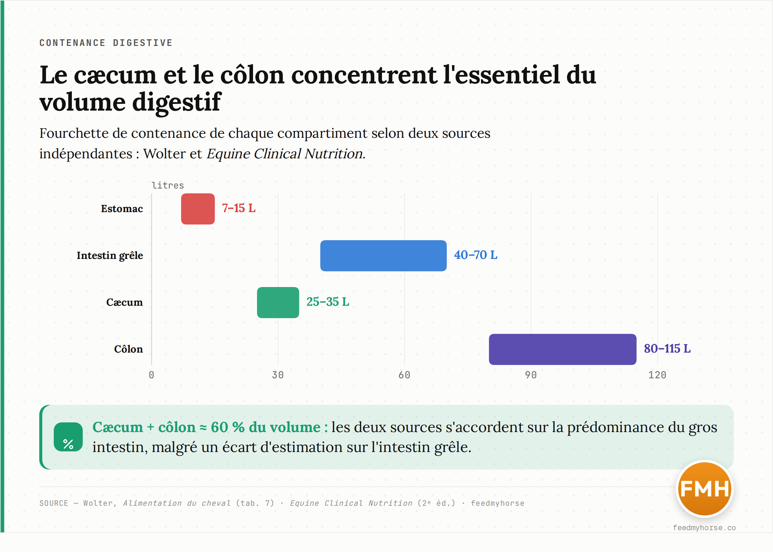 Contenance des compartiments digestifs du cheval selon deux sources indépendantes (Wolter et Equine Clinical Nutrition). Le cæcum et le côlon concentrent l'essentiel du volume ; l'écart sur l'intestin grêle reflète des méthodes d'estimation différentes, mais les deux sources s'accordent sur la prédominance du gros intestin.