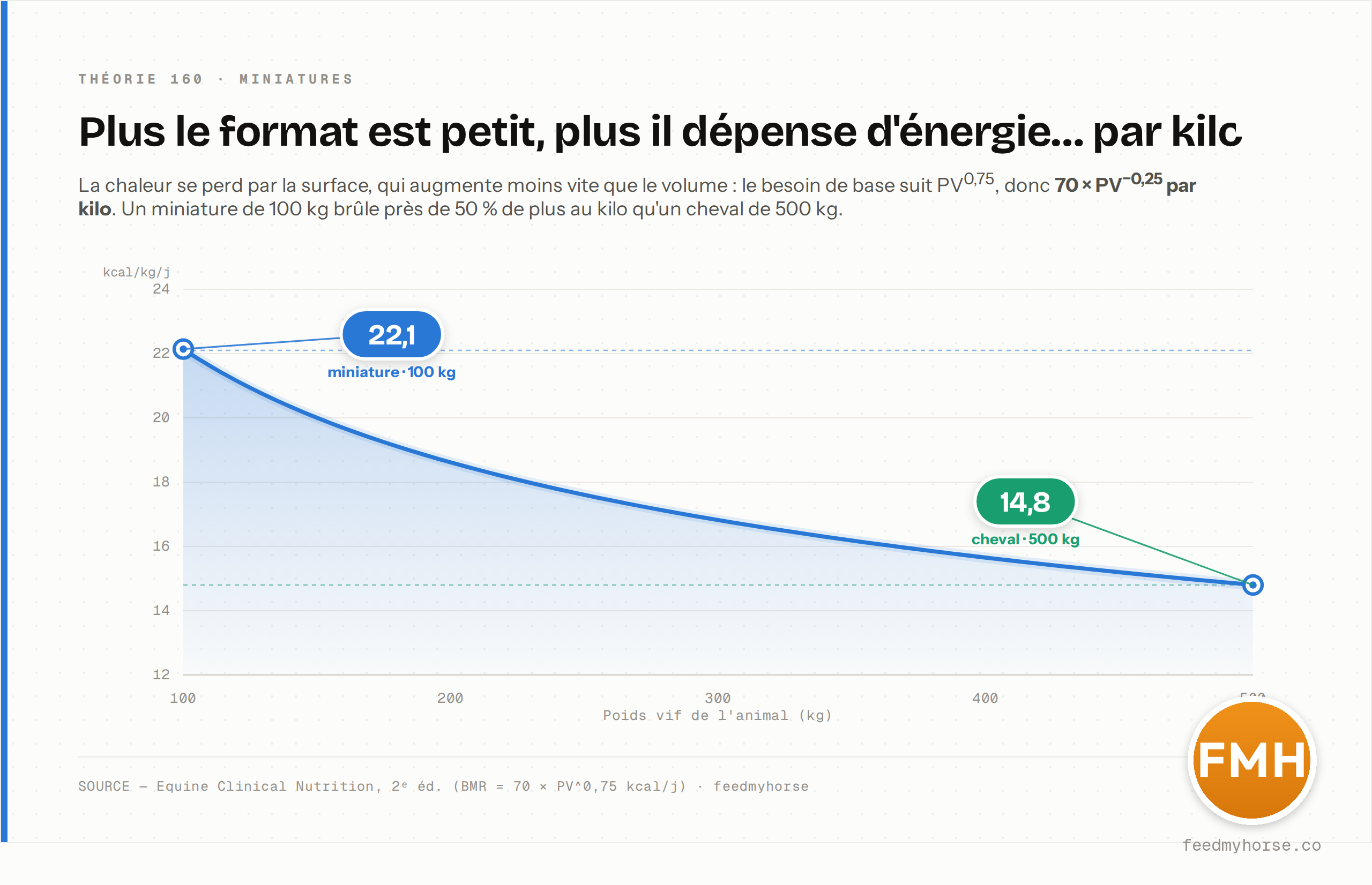 Besoin energetique de base par kilo selon le poids vif : la courbe 70 x PV^(-0,25) descend de 22,1 kcal/kg/j pour un miniature de 100 kg a 14,8 kcal/kg/j pour un cheval de 500 kg, soit pres de 50 % de plus au kilo pour le petit format. Source : Equine Clinical Nutrition, 2e ed. (BMR = 70 x PV^0,75 kcal/j) · feedmyhorse.