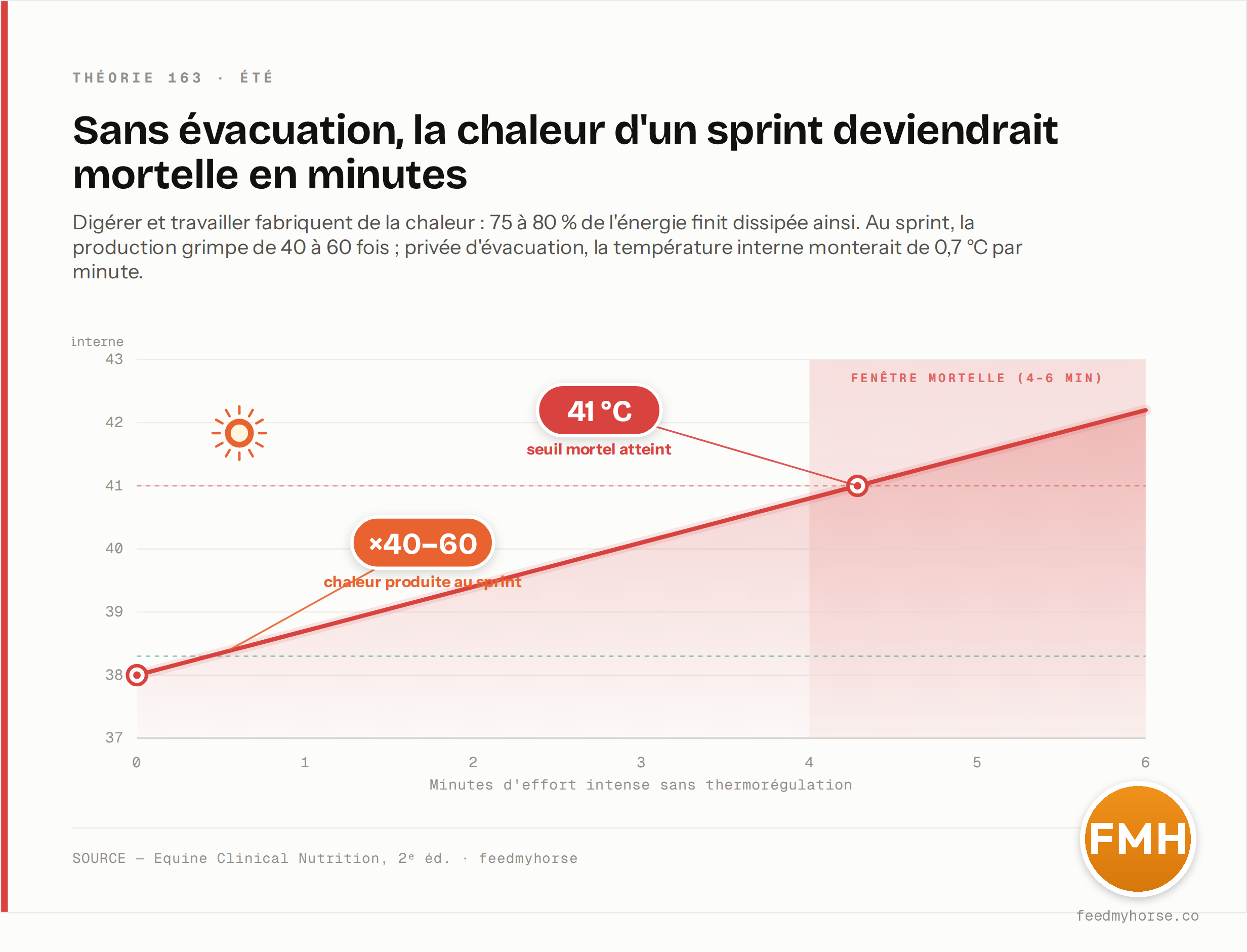 Sans thermorégulation, la chaleur d'un sprint (production ×40 à 60) ferait monter la température interne d'environ 0,7 °C par minute : partie de ~38 °C au repos, elle franchirait le seuil mortel de 41 °C en 4 à 6 minutes. Source : Equine Clinical Nutrition, 2ᵉ éd. · feedmyhorse