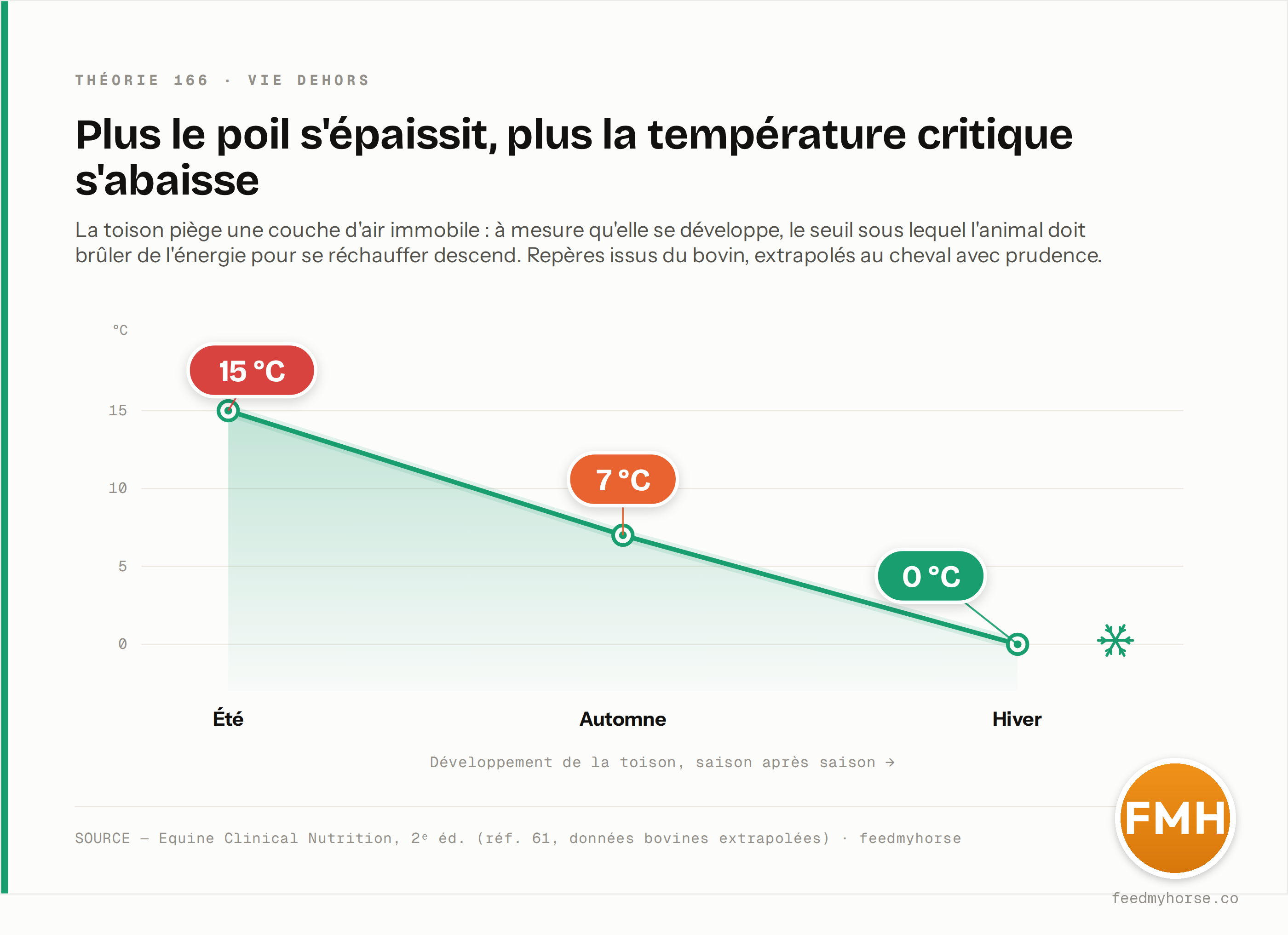 Température critique inférieure selon le développement de la toison (repères bovins extrapolés au cheval) : 15 °C en pelage d'été, 7 °C en pelage d'automne, 0 °C en pelage d'hiver. Source : Equine Clinical Nutrition, 2ᵉ éd. (réf. 61, données bovines extrapolées) · feedmyhorse.
