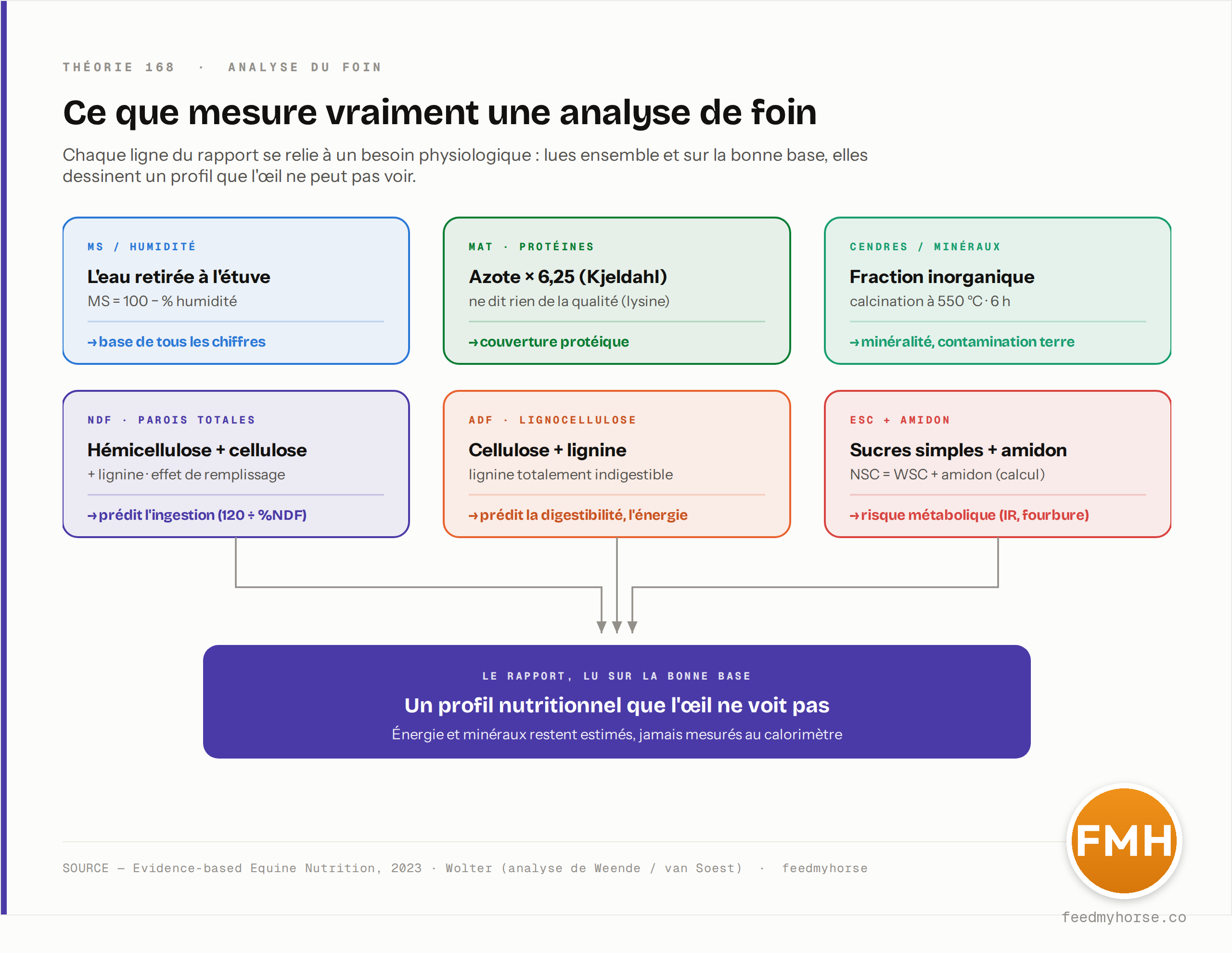 Carte de lecture d'une analyse de foin : MS/humidité (base de tous les chiffres, MS = 100 − % humidité), MAT = azote × 6,25 (couverture protéique), NDF = parois totales (prédit l'ingestion via 120 ÷ %NDF), ADF = cellulose + lignine (prédit la digestibilité et l'énergie), ESC + amidon avec NSC = WSC + amidon (risque métabolique), cendres par calcination à 550 °C (minéralité). Source : Evidence-based Equine Nutrition, 2023 · Wolter · feedmyhorse.