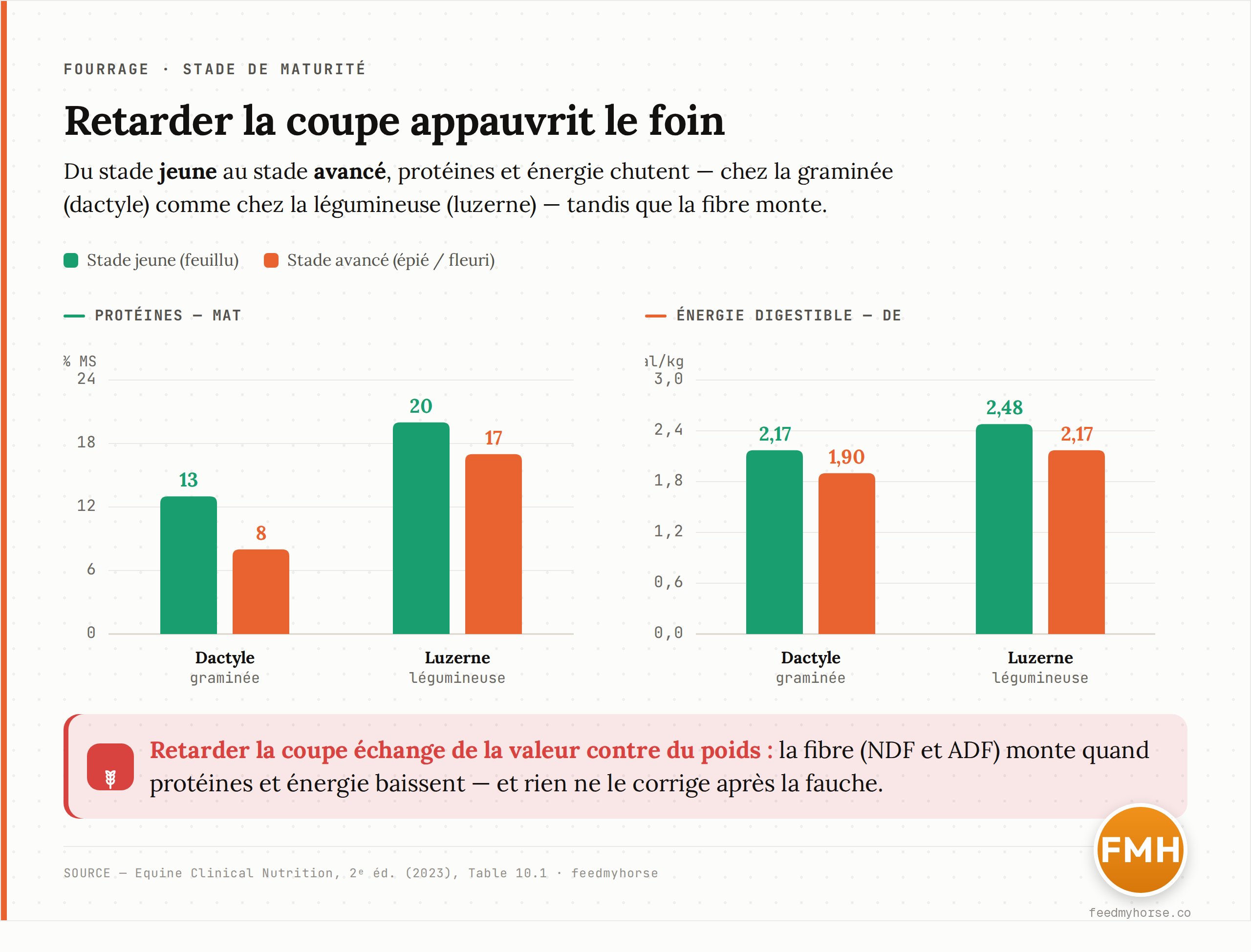 Composition d'un foin selon le stade de maturité à la coupe, en pourcentage de la matière sèche. Du stade jeune au stade avancé, les protéines (MAT) passent de 13 à 8 % chez le dactyle et de 20 à 17 % chez la luzerne ; la fibre (NDF et ADF) augmente ; l'énergie digestible baisse de 2,17 à 1,90 Mcal/kg (dactyle) et de 2,48 à 2,17 Mcal/kg (luzerne). Source : Equine Clinical Nutrition, 2e éd. (2023), Table 10.1.