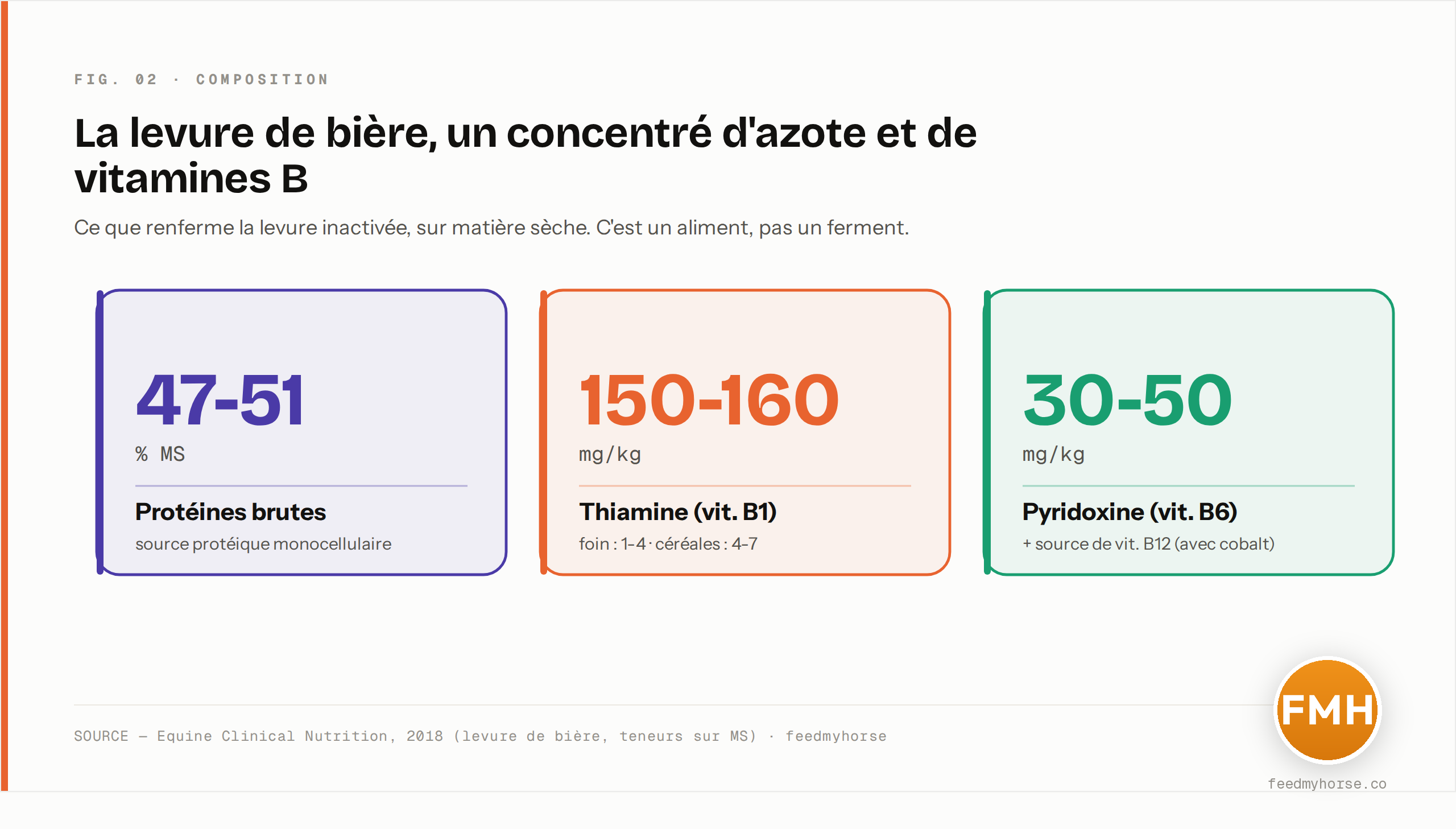 Chiffres clés de la levure de bière (levure inactivée) : ~47-51 % de protéines brutes, thiamine 150-160 mg/kg, pyridoxine 30-50 mg/kg sur matière sèche. Source : Equine Clinical Nutrition, 2018.