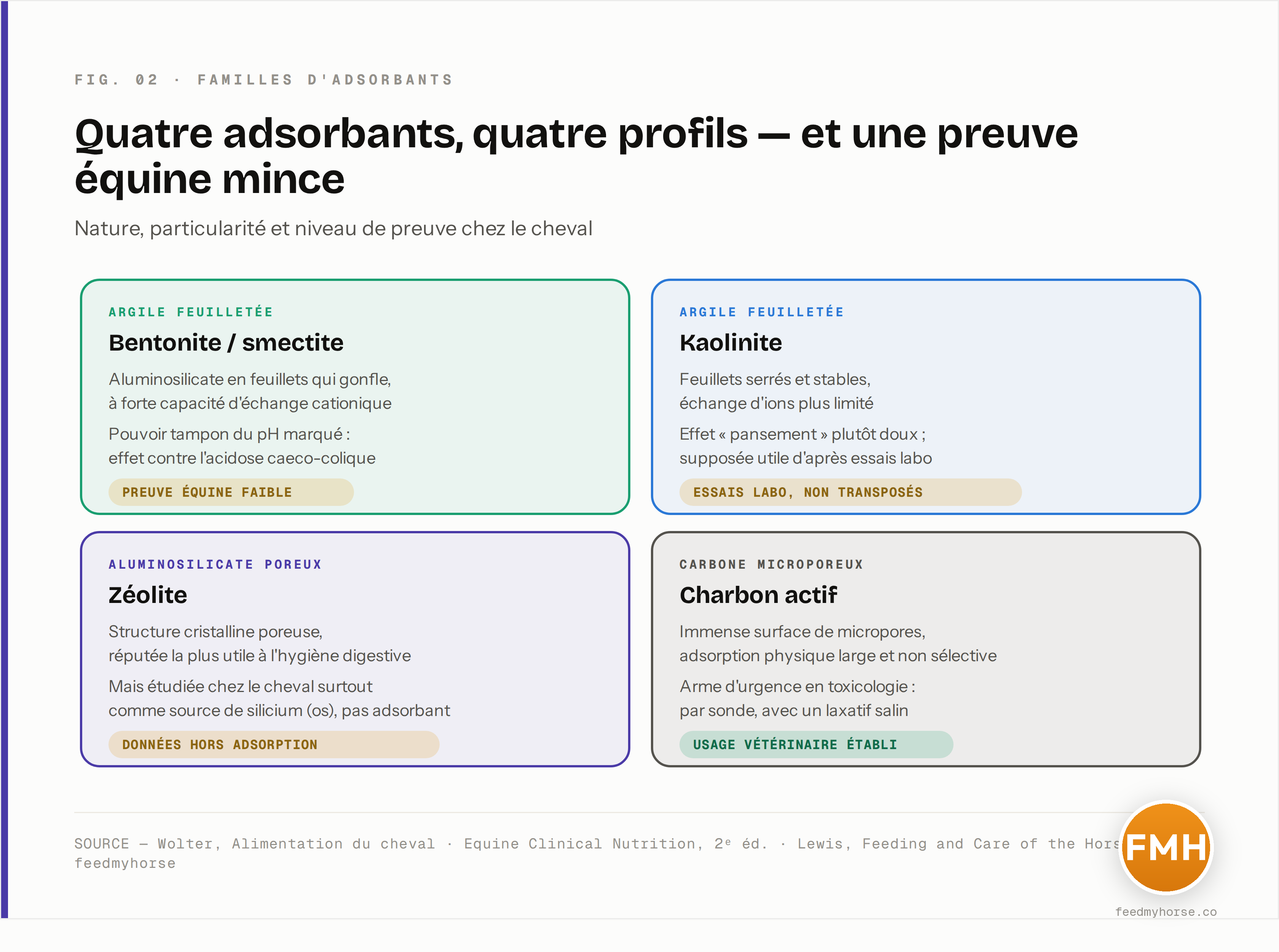 Comparaison des quatre grands adsorbants (bentonite/smectite, kaolinite, zéolite, charbon actif) : nature, particularité et niveau de preuve chez le cheval. La preuve équine reste faible pour les argiles, la zéolite n'ayant été étudiée que comme source de silicium ; seul le charbon actif a un usage vétérinaire établi (toxicologie). Sources : Wolter, Alimentation du cheval ; Equine Clinical Nutrition, 2018 ; Lewis, Feeding and Care of the Horse.