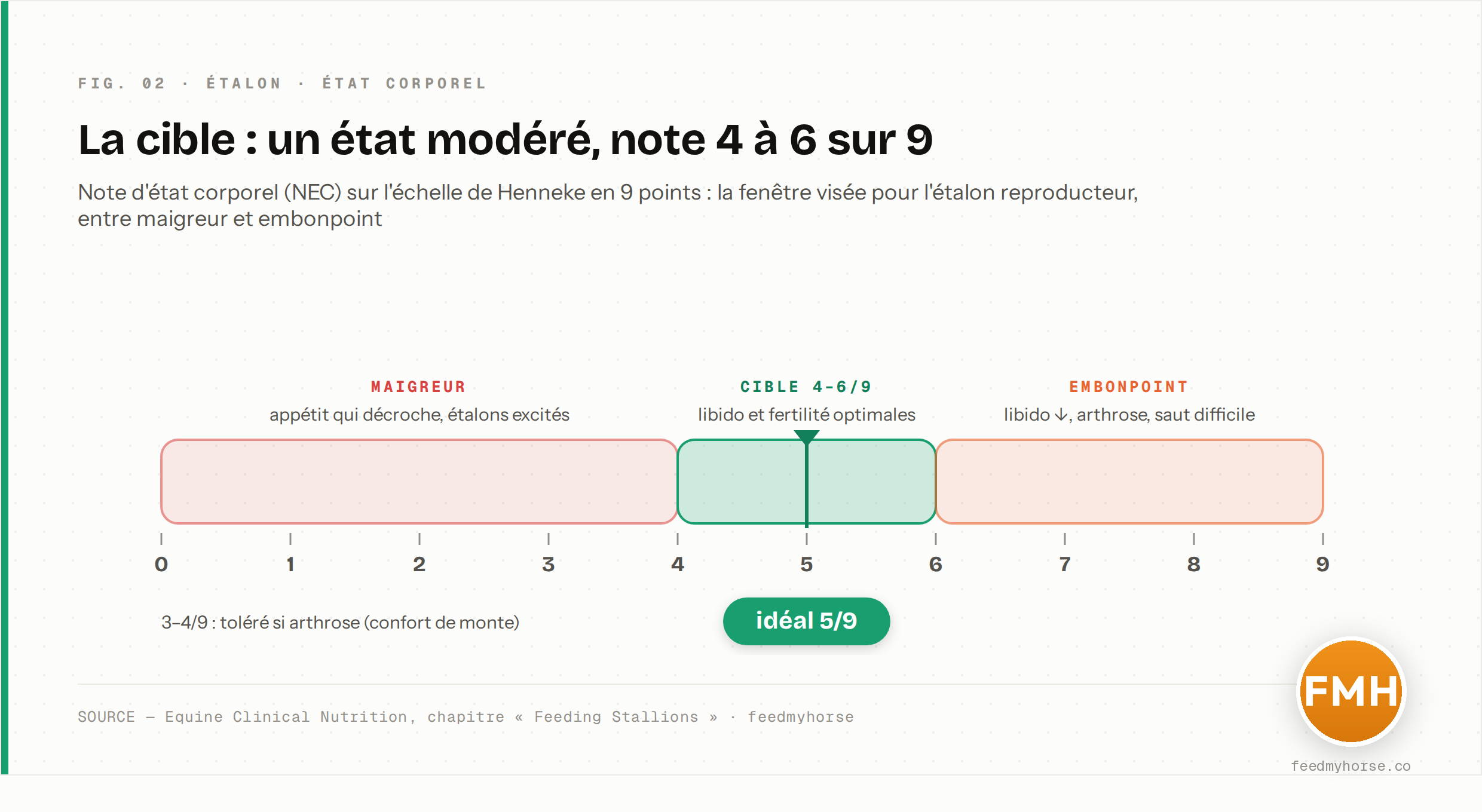 Cible d'état corporel de l'étalon reproducteur sur l'échelle de Henneke (note d'état corporel, ou NEC, de 0 à 9) : la fenêtre recommandée s'étend de 4/9 à 6/9, centrée sur 5/9 ; en deçà (maigreur) comme au-delà (embonpoint), la fertilité et la longévité sont menacées. Source : Equine Clinical Nutrition, chapitre « Feeding Stallions ».
