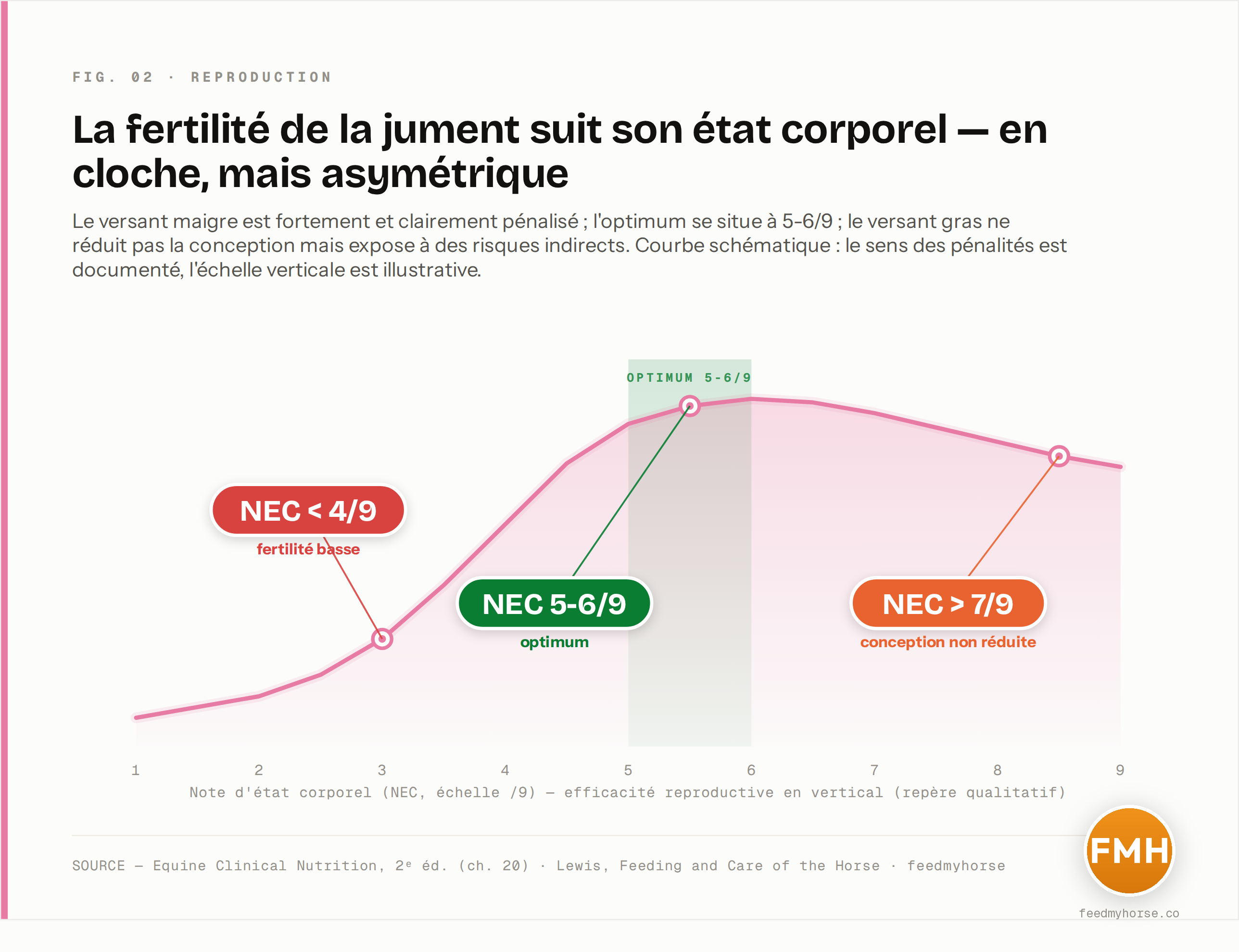 Graphique schématique : l'efficacité reproductive de la jument selon la note d'état corporel. Le versant maigre (NEC < 4) est fortement pénalisé, l'optimum se situe à 5-6/9, et le versant élevé n'est pas pénalisé pour la conception mais expose à des risques indirects. Courbe qualitative ; le sens des pénalités est documenté, les valeurs de l'axe vertical sont illustratives. Source : Equine Clinical Nutrition 2e éd., Lewis.