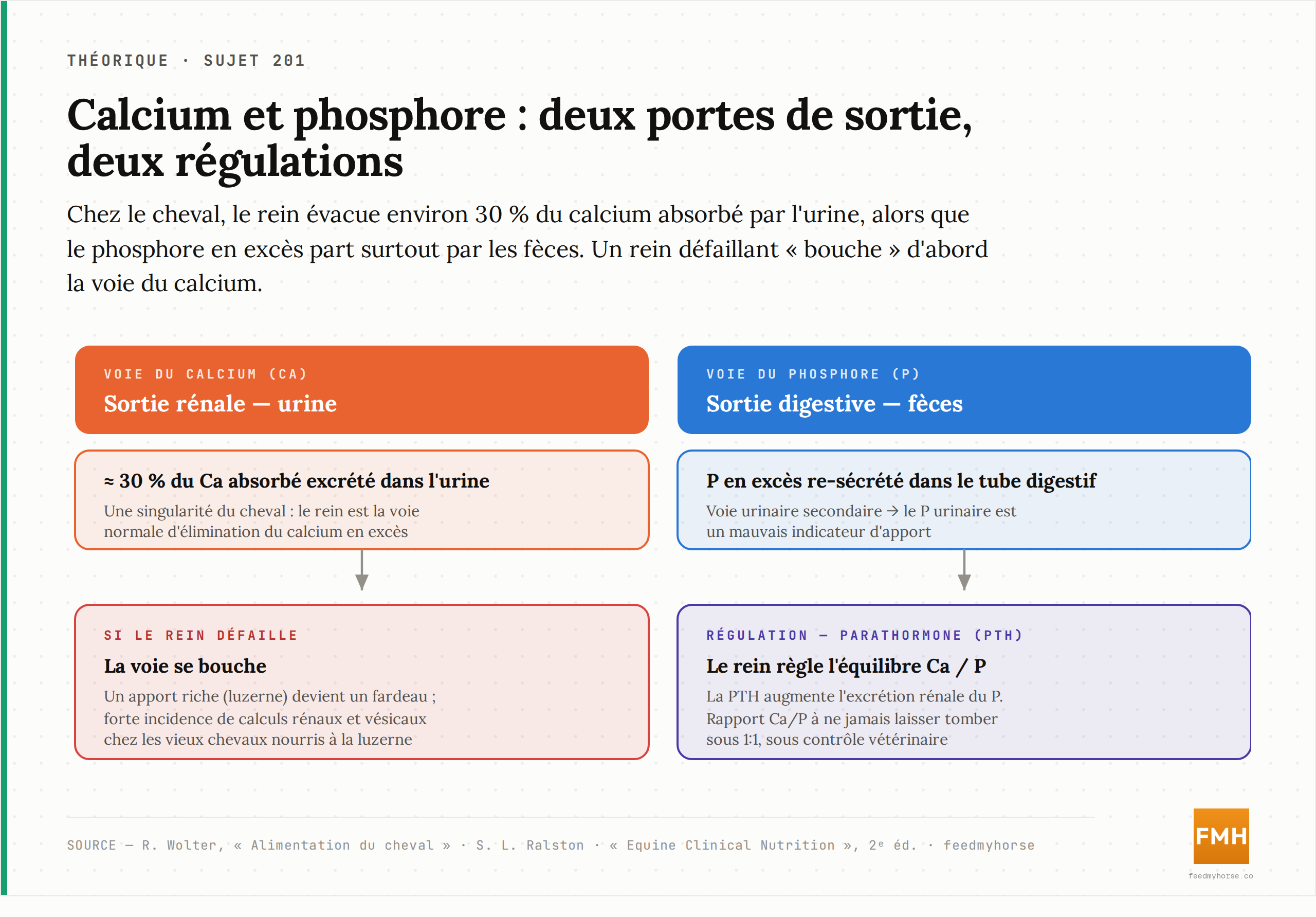 Deux voies de sortie, deux régulations : le rein du cheval excrète environ 30 % du calcium absorbé dans l'urine, tandis que le phosphore en excès part surtout par les fèces sous le contrôle de la parathormone. Un rein défaillant « bouche » d'abord la voie du calcium. Sources : Wolter, Alimentation du cheval ; Equine Clinical Nutrition, 2ᵉ éd.