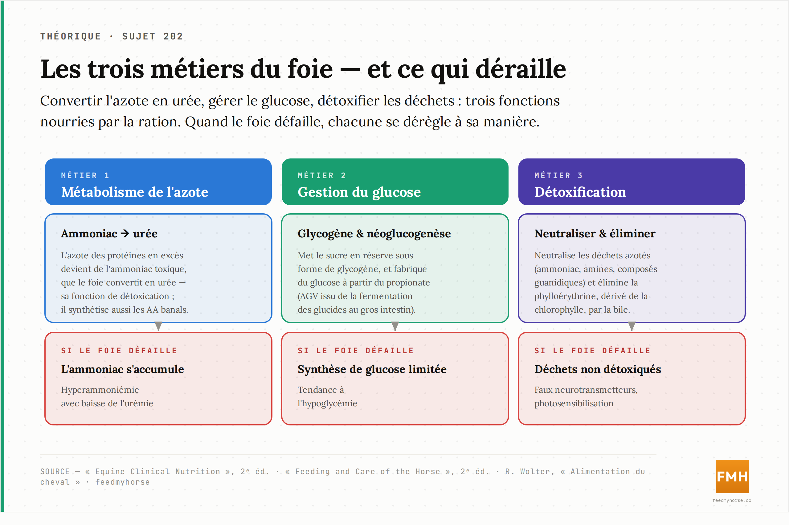 Les trois métiers du foie du cheval : convertir l'ammoniac issu des protéines en urée, stocker et fabriquer le glucose (glycogène, néoglucogenèse à partir du propionate), et détoxifier les déchets azotés et la phylloérythrine. Quand l'organe défaille, chacune de ces fonctions se dérègle. Sources : Equine Clinical Nutrition, 2ᵉ éd. ; Feeding and Care of the Horse, 2ᵉ éd. ; Wolter, Alimentation du cheval.