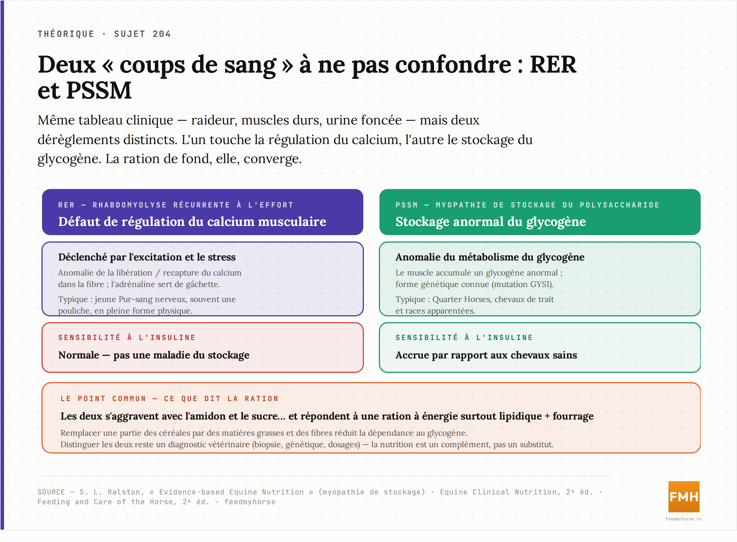 Comparaison RER contre PSSM : la RER est un défaut de régulation du calcium musculaire déclenché par l'excitation (jeune Pur-sang nerveux, sensibilité à l'insuline normale) ; la PSSM est un stockage anormal du glycogène (Quarter Horses et chevaux de trait, mutation GYS1, sensibilité à l'insuline accrue). Les deux s'aggravent avec l'amidon et le sucre et répondent à une ration à énergie surtout lipidique et fourragère. Le diagnostic reste vétérinaire. Sources : Ralston, Evidence-based Equine Nutrition ; Equine Clinical Nutrition (2ᵉ éd.) ; Feeding and Care of the Horse (2ᵉ éd.).