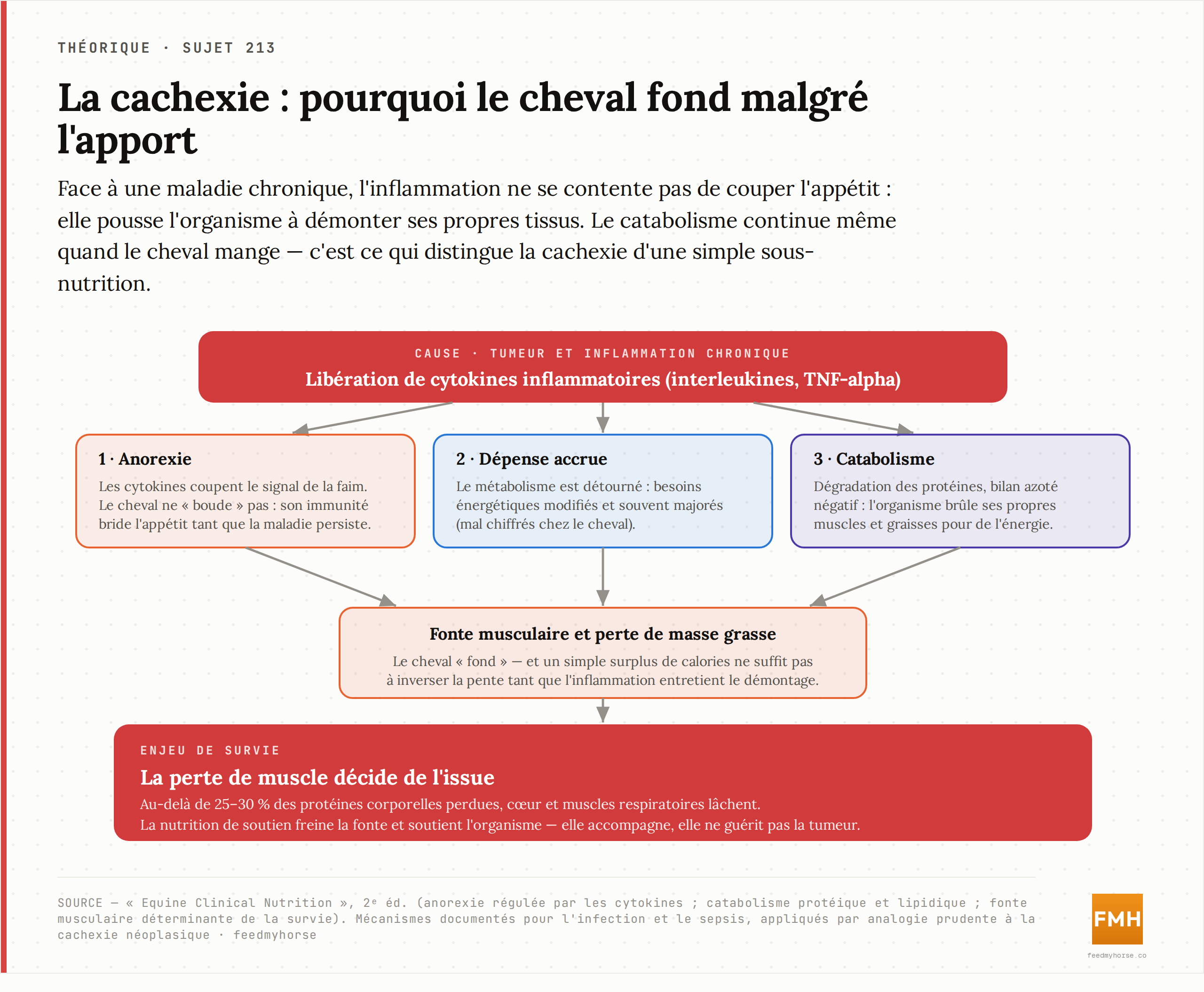 Schéma de la cachexie néoplasique : une tumeur libère des cytokines inflammatoires (interleukines, TNF-alpha) qui déclenchent simultanément l'anorexie, une hausse de la dépense et le catabolisme des protéines et des lipides, aboutissant à la fonte musculaire malgré l'apport alimentaire.