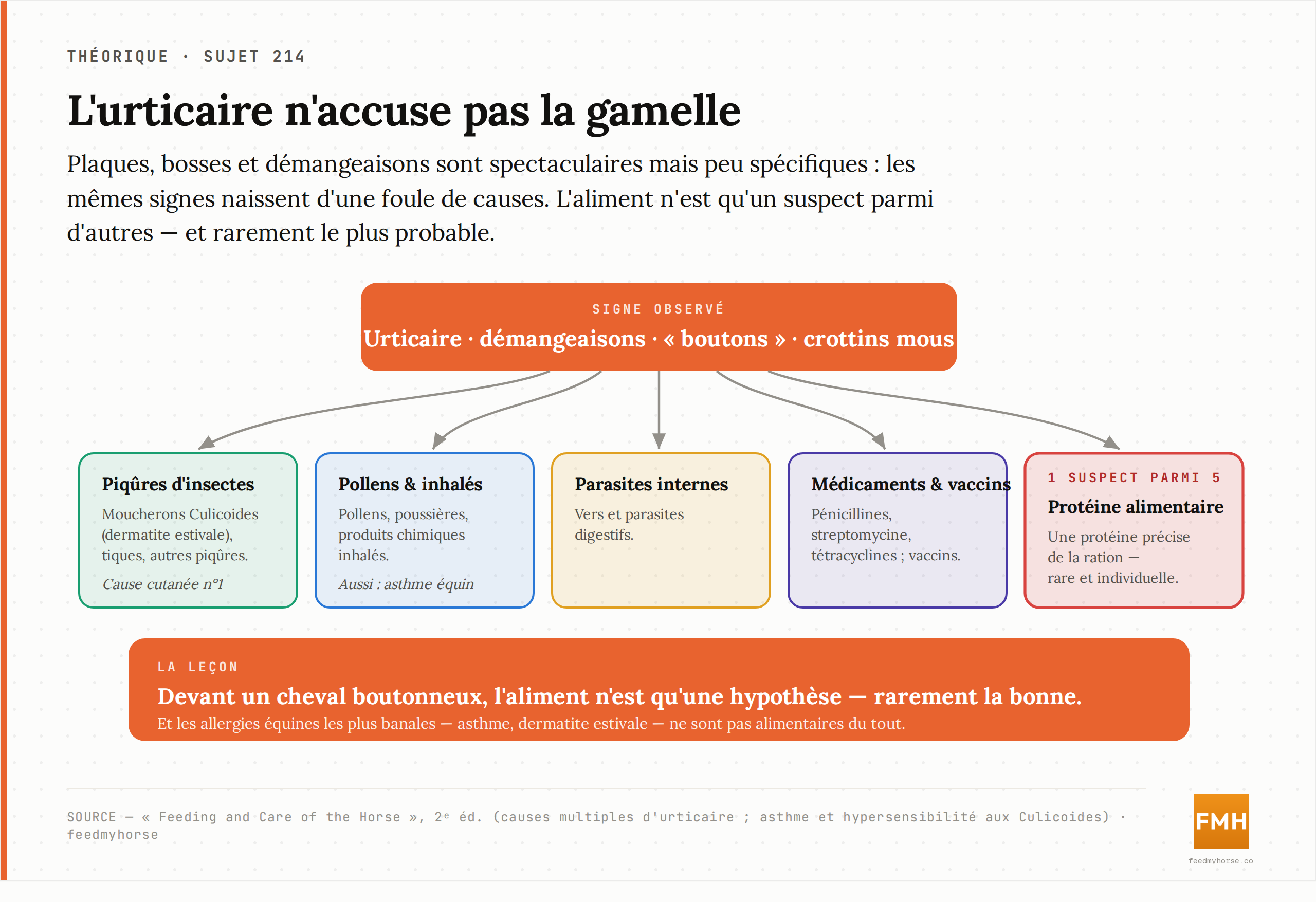L'urticaire n'accuse pas la gamelle : les mêmes plaques et démangeaisons peuvent venir de piqûres d'insectes, de pollens ou produits inhalés, de parasites internes, de médicaments et vaccins, ou — parmi d'autres causes seulement — d'une protéine alimentaire. Source : Feeding and Care of the Horse, 2e éd.