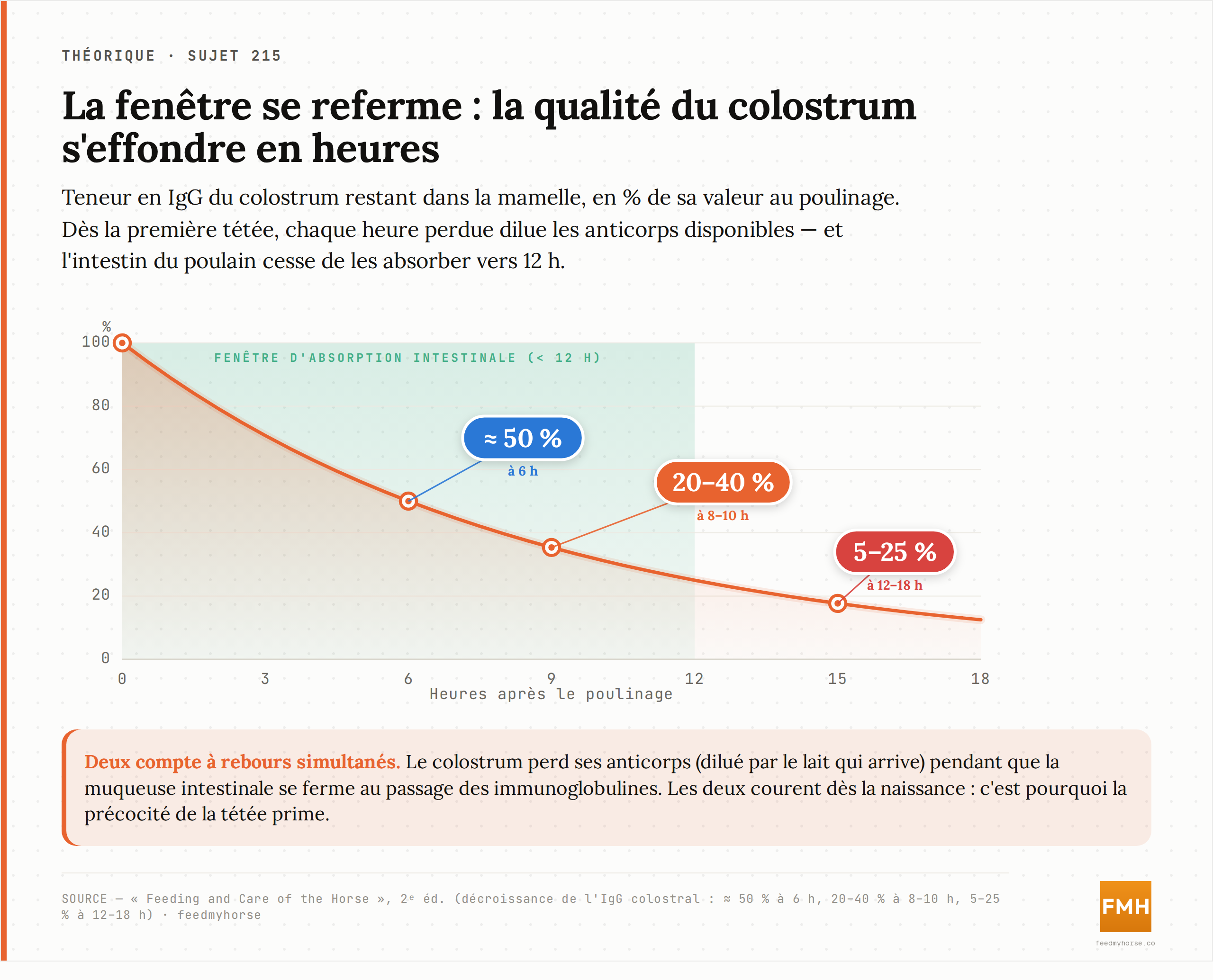 Décroissance de l'IgG du colostrum restant dans la mamelle, en pourcentage de sa valeur au poulinage : environ 50 % à 6 h, 20–40 % à 8–10 h, 5–25 % à 12–18 h. La fenêtre d'absorption intestinale du poulain se ferme vers 12 h. Source : Feeding and Care of the Horse, 2e éd.