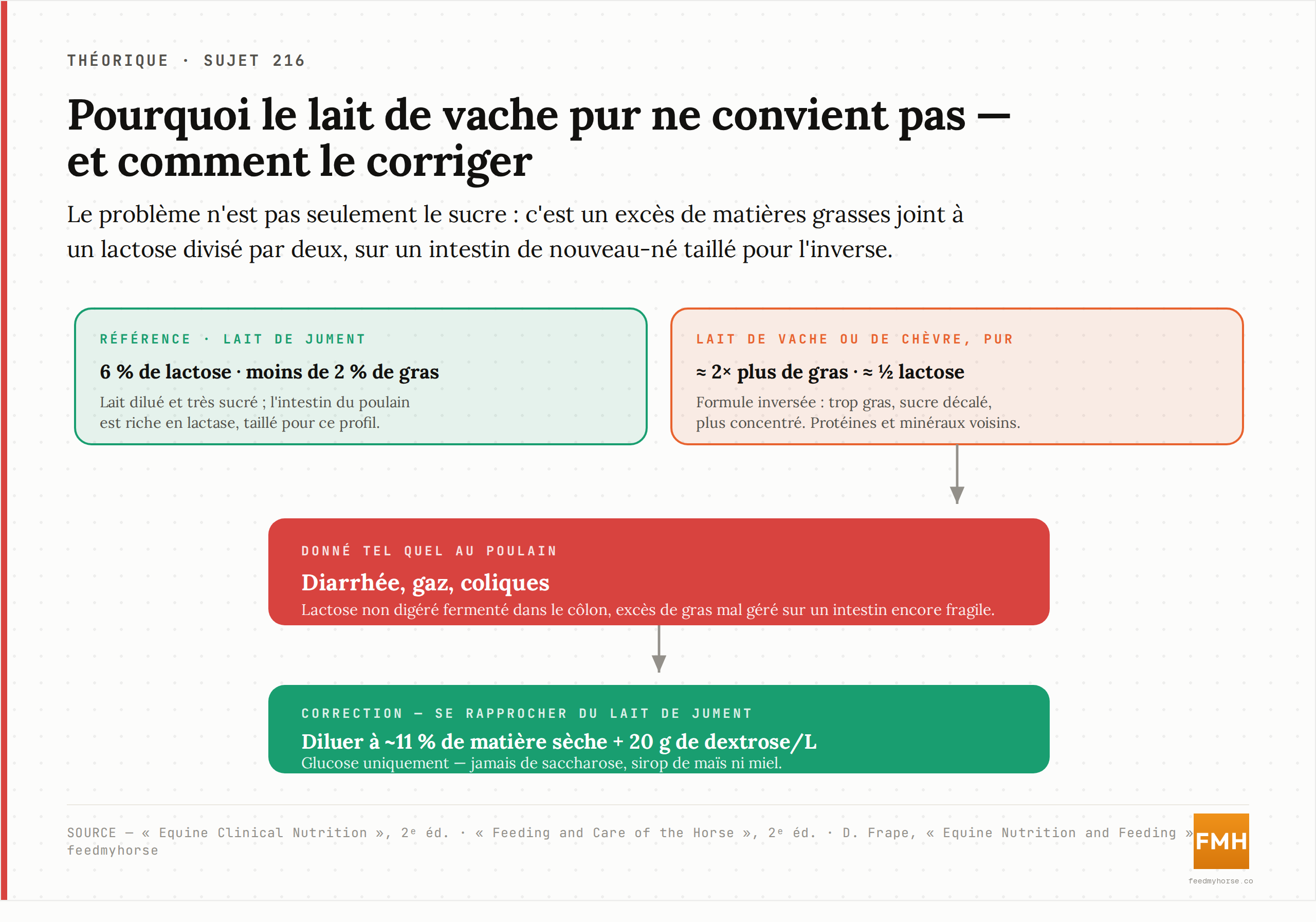 Mécanisme : donné pur, le lait de vache ou de chèvre apporte trop de gras et un lactose divisé par deux à un intestin de nouveau-né, d'où diarrhée et coliques ; la correction consiste à le diluer et à ajouter du dextrose. Source : Equine Clinical Nutrition, Feeding and Care of the Horse, Frape.