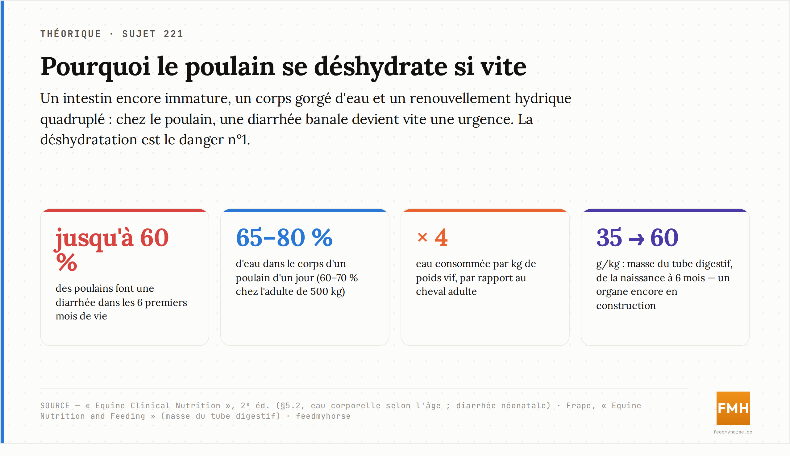 Le terrain particulier du poulain : un tube digestif encore immature, une eau corporelle abondante et un renouvellement hydrique quadruplé expliquent qu'une diarrhée fréquente devienne vite dangereuse. Sources : « Equine Clinical Nutrition », 2ᵉ éd. (§5.2) ; Frape.