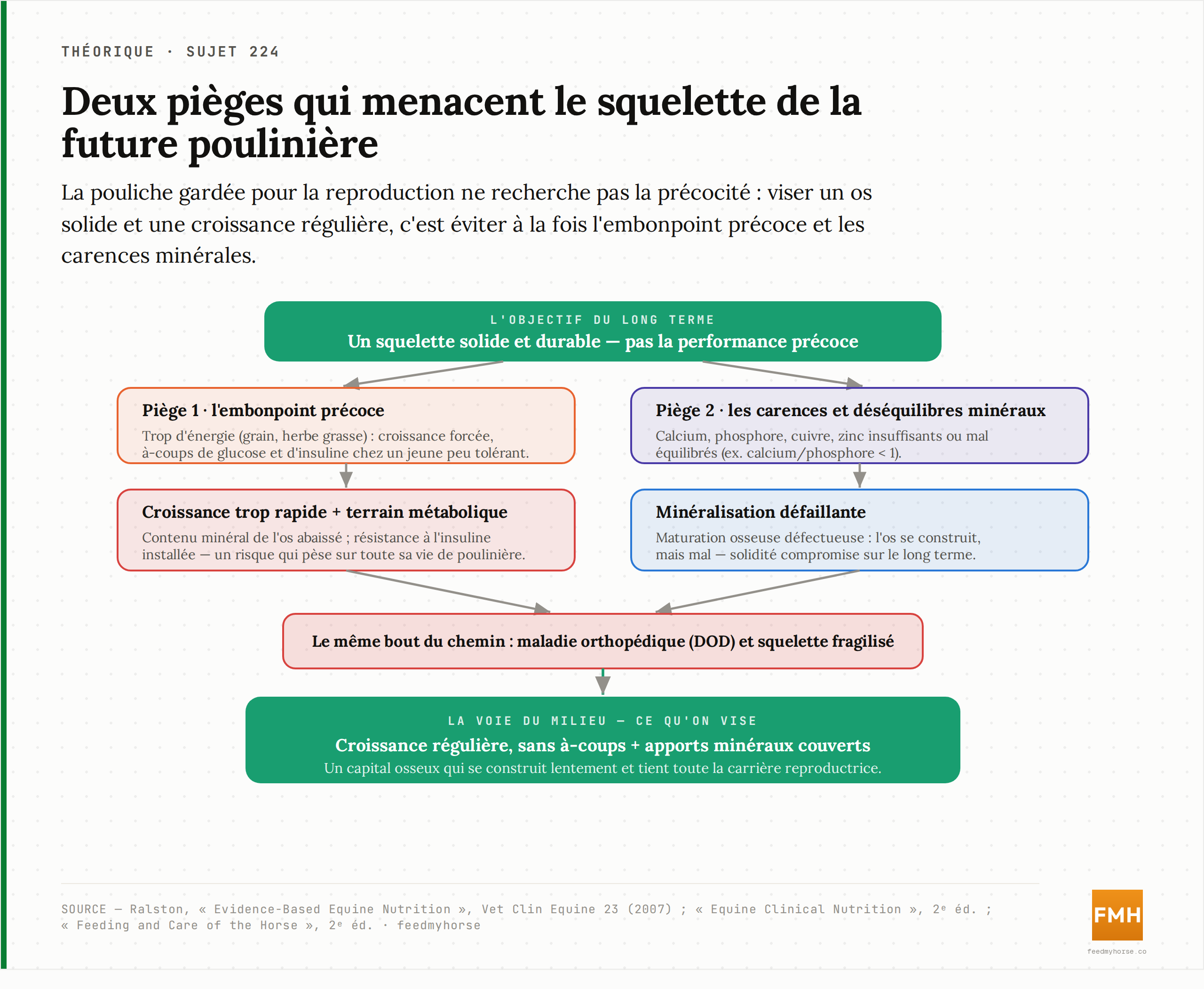 Schéma : la pouliche de remplacement doit éviter deux pièges symétriques. À gauche, l'embonpoint précoce (excès d'énergie, croissance forcée, à-coups de glucose et d'insuline) qui abaisse le contenu minéral de l'os et installe un terrain métabolique à risque ; à droite, les carences ou déséquilibres minéraux (Ca, P, Cu, Zn) qui altèrent la minéralisation. Les deux mènent au même point : maladie orthopédique du développement et squelette fragilisé. La voie du milieu — croissance régulière et apports minéraux couverts — bâtit un capital osseux durable. Source : Ralston 2007 ; Equine Clinical Nutrition, 2ᵉ éd. ; Feeding and Care of the Horse, 2ᵉ éd.
