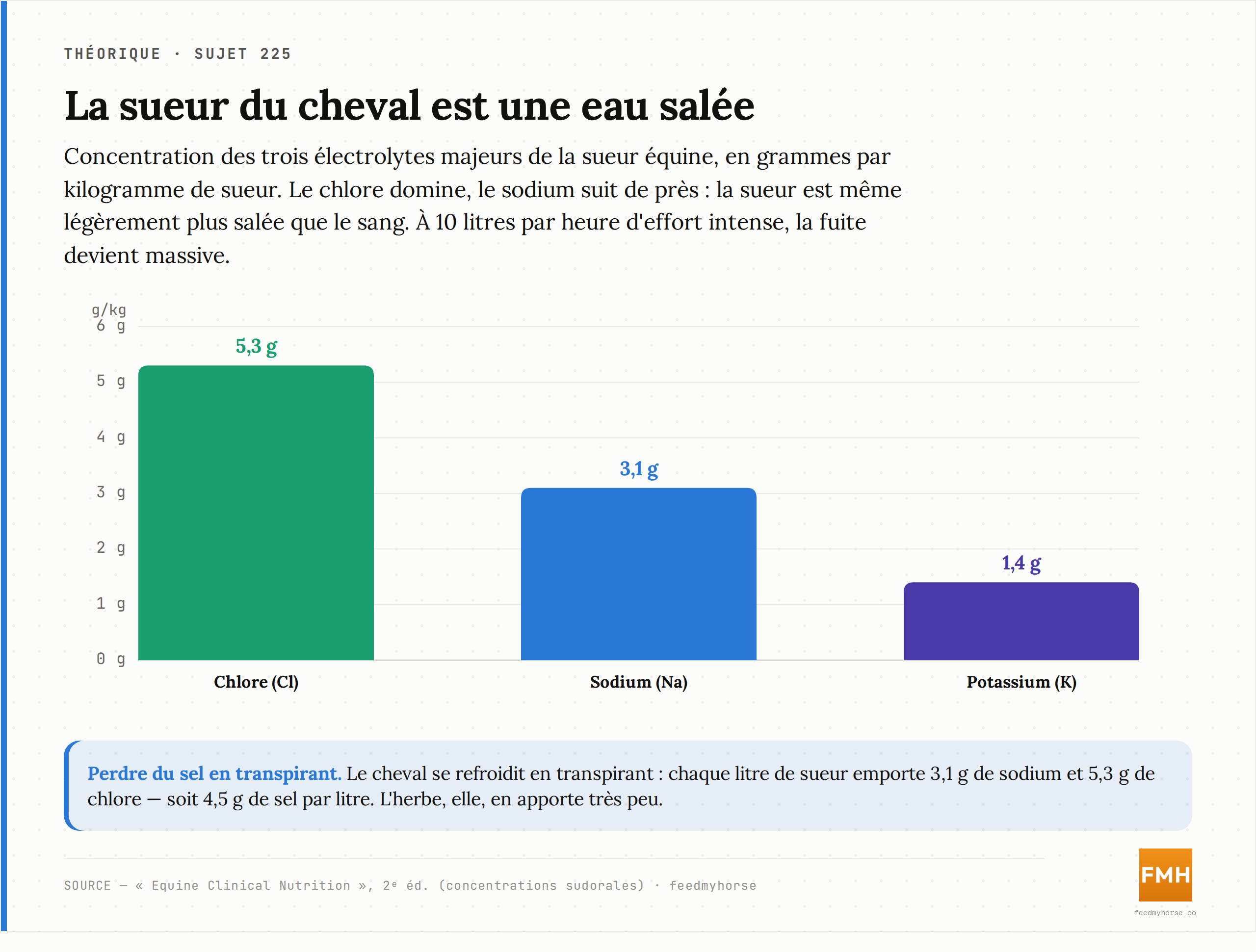 Composition en électrolytes de la sueur équine, en grammes par kilogramme de sueur : chlore 5,3, sodium 3,1, potassium 1,4. La sueur du cheval est légèrement plus salée que son sang. Source : Equine Clinical Nutrition, 2ᵉ éd.