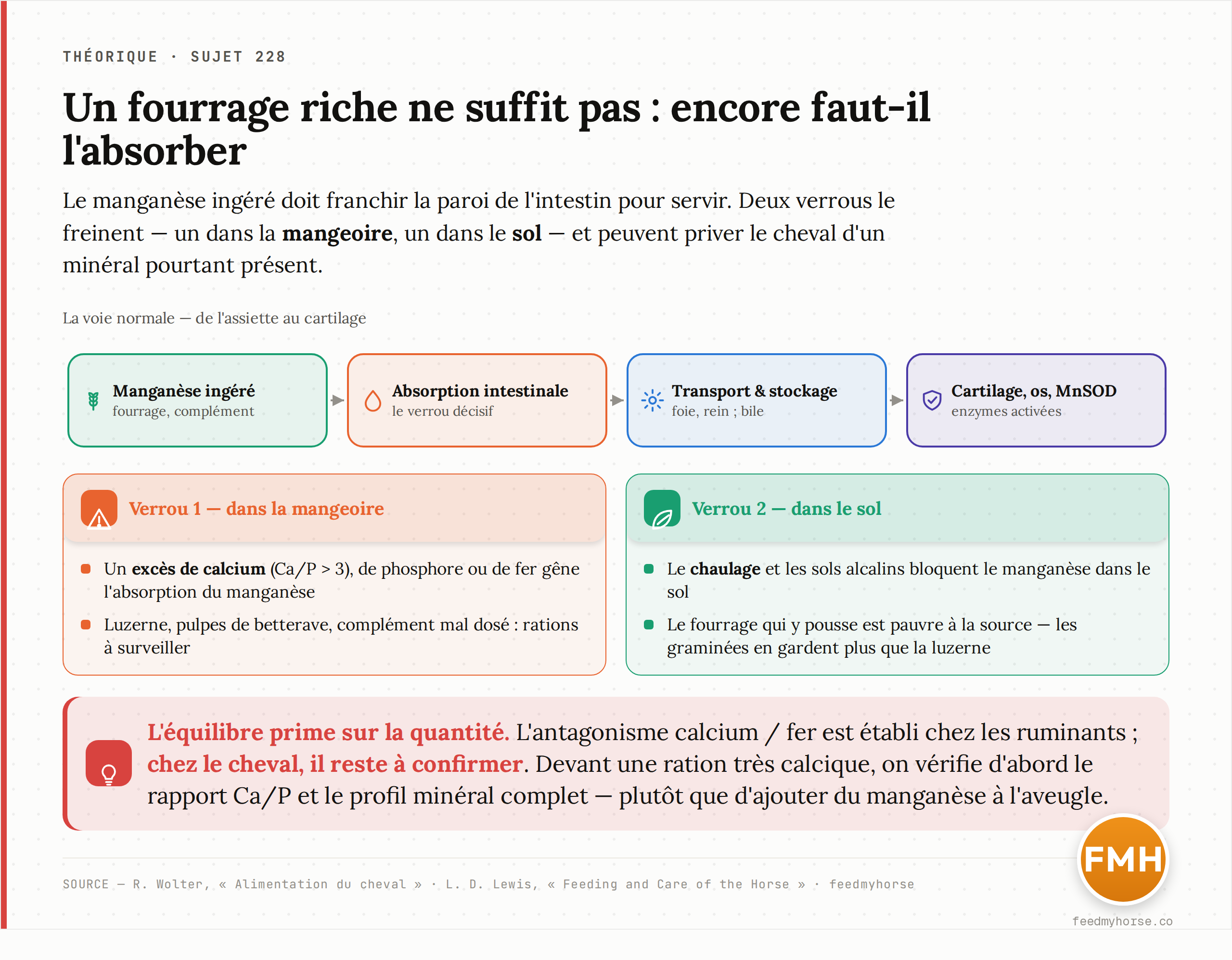 Deux verrous freinent l'absorption du manganèse. Dans la mangeoire : un excès de calcium (Ca/P > 3), de phosphore ou de fer gêne son absorption. Dans le sol : le chaulage et les sols alcalins bloquent le manganèse, appauvrissant le fourrage à la source. L'antagonisme calcium/fer est établi chez les ruminants et reste à confirmer chez le cheval. Sources : R. Wolter, Alimentation du cheval ; L. D. Lewis, Feeding and Care of the Horse.