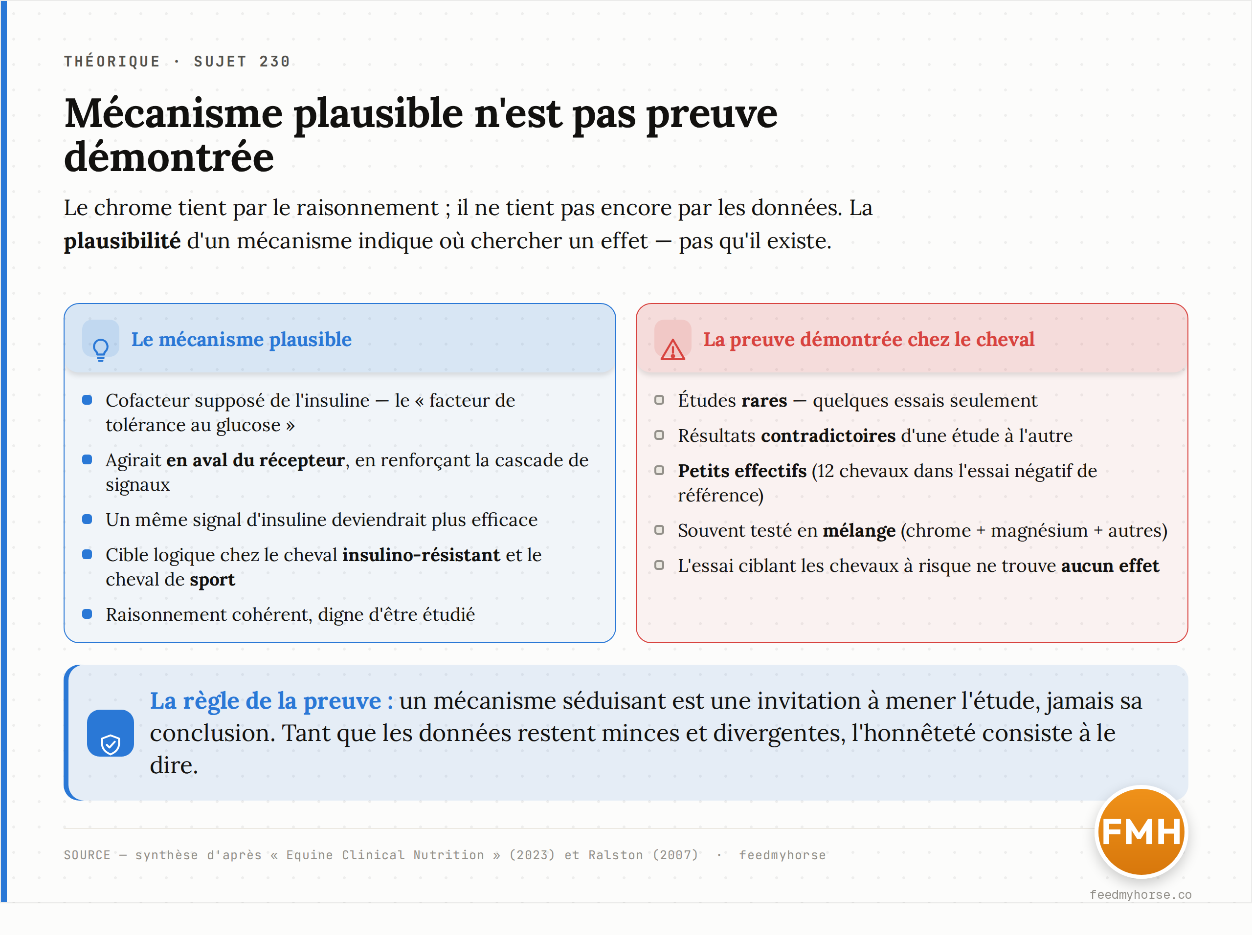 Schéma comparatif : mécanisme plausible contre preuve démontrée. À gauche, l'enchaînement théorique qui rend l'effet du chrome crédible ; à droite, l'état réel des données équines — rares, contradictoires, sur de petits effectifs. La plausibilité d'un mécanisme ne préjuge pas de l'existence d'un effet. Source : synthèse d'après Equine Clinical Nutrition (2023) et Evidence-Based Equine Nutrition (2007, 2023).