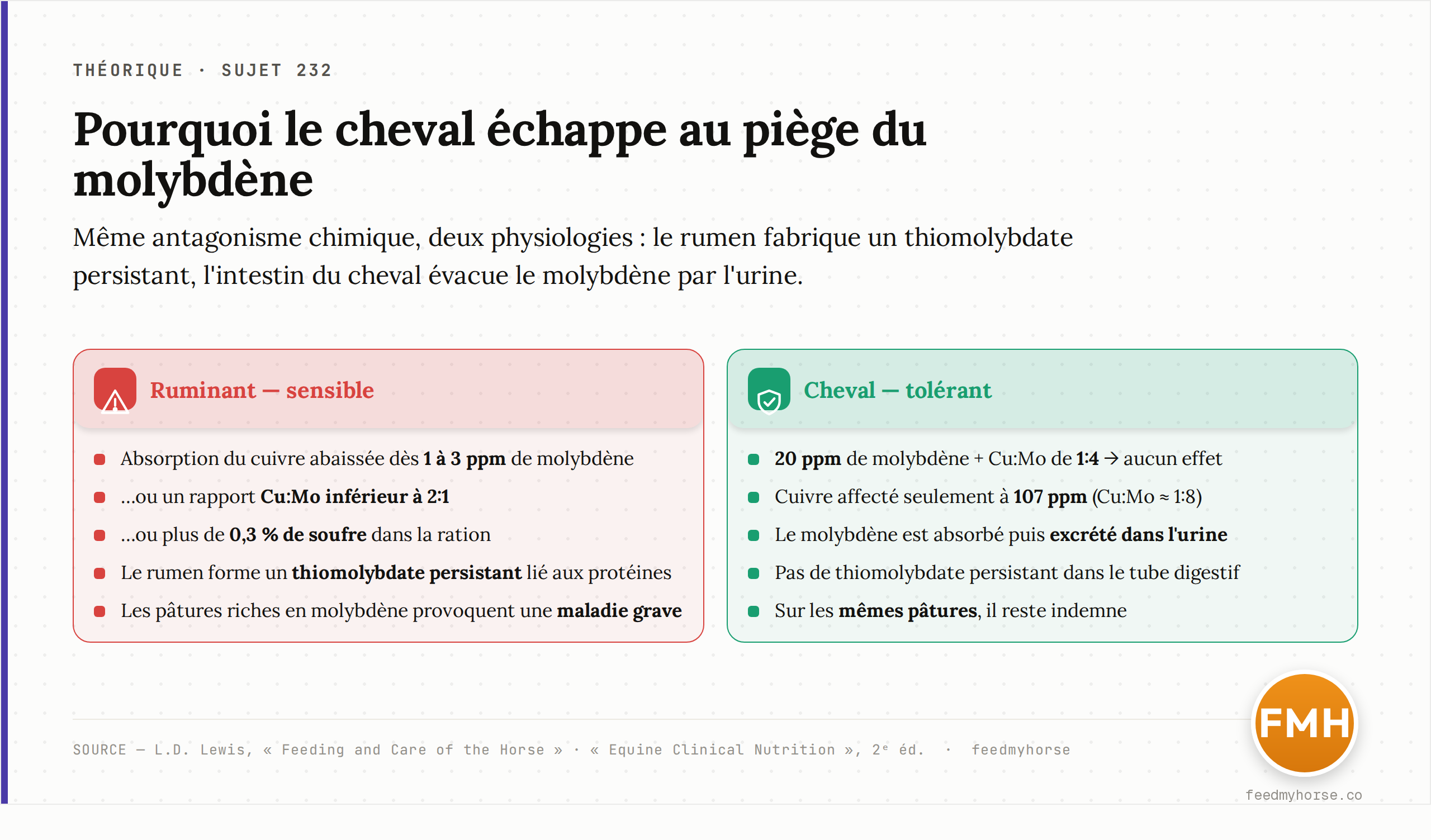 Comparaison : à antagonisme chimique identique, le ruminant décroche à de faibles seuils de molybdène, de rapport Cu:Mo et de soufre, tandis que le cheval, qui excrète le molybdène par l'urine et ne forme pas de thiomolybdate persistant, reste tolérant. Source : L.D. Lewis, Feeding and Care of the Horse ; Equine Clinical Nutrition, 2ᵉ éd.