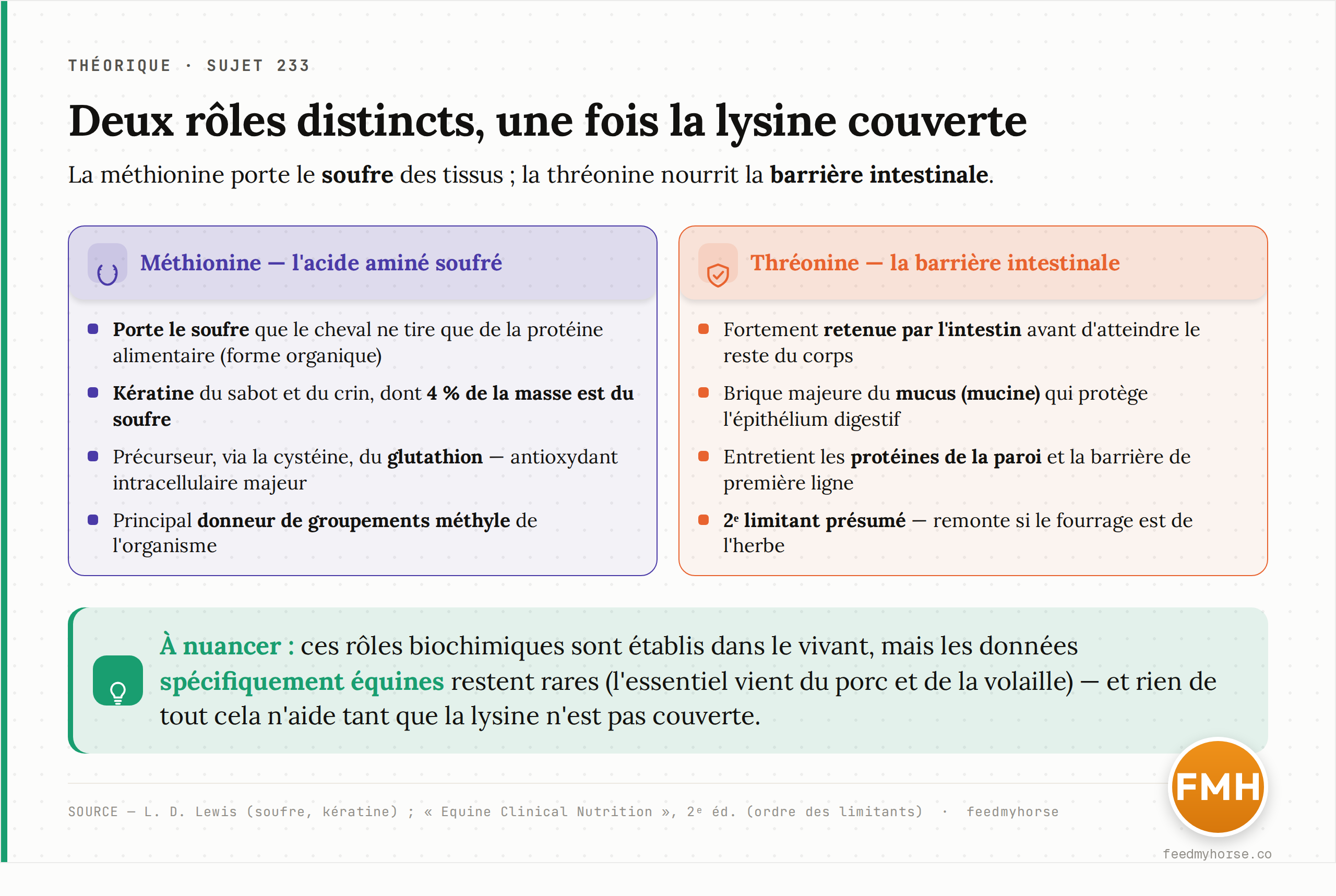 Schéma des rôles distincts de la méthionine et de la thréonine, une fois la lysine couverte. Rôles biochimiques établis dans le vivant ; données spécifiquement équines limitées. D'après Lewis et Equine Clinical Nutrition.
