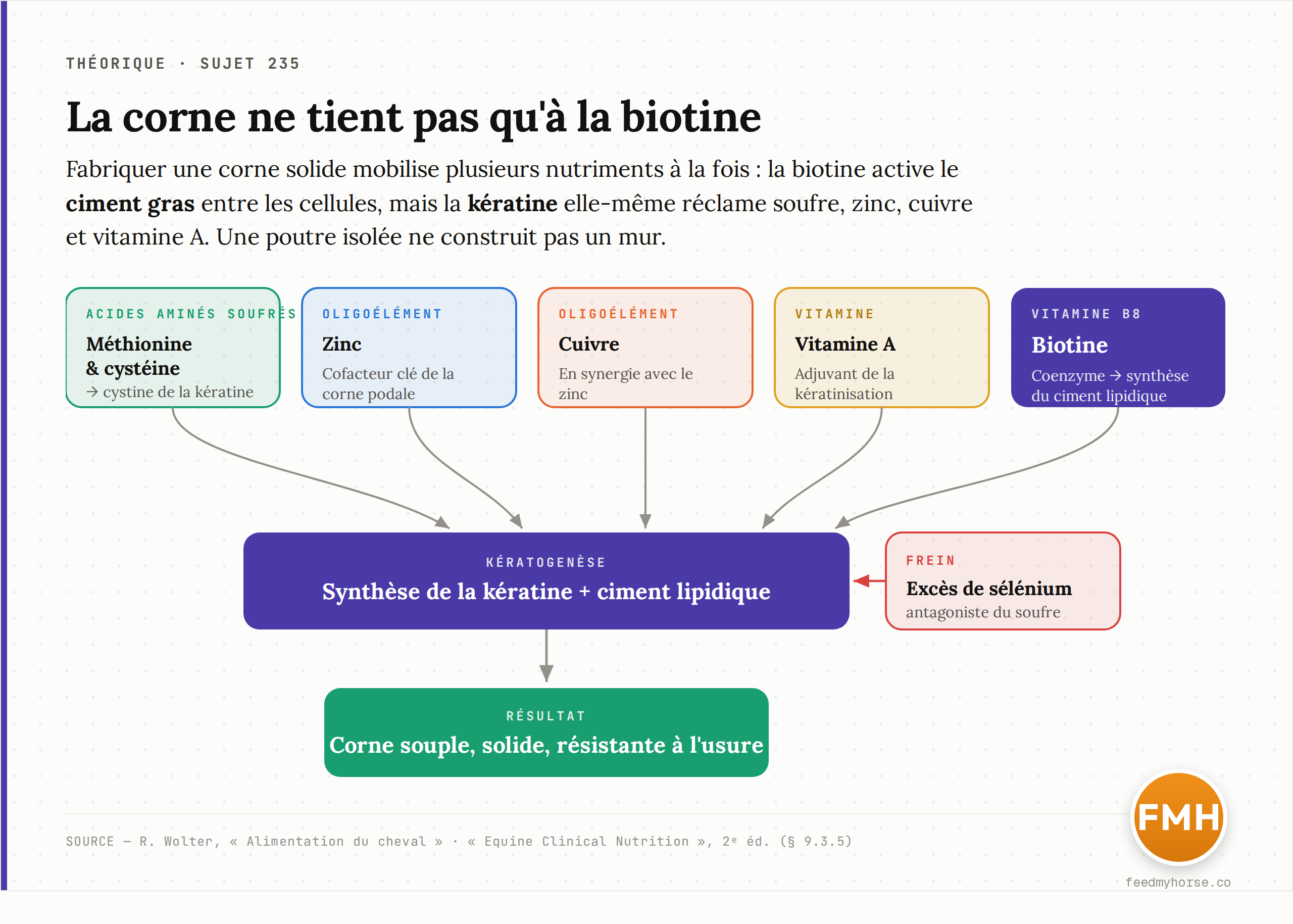 La corne ne tient pas qu'à la biotine : la kératogenèse rassemble plusieurs nutriments. Acides aminés soufrés (méthionine, cystéine), zinc, cuivre, vitamine A et biotine convergent vers la fabrication de la kératine et de son ciment lipidique ; un excès de sélénium agit en sens inverse. Source : R. Wolter, « Alimentation du cheval » ; Equine Clinical Nutrition, 2ᵉ éd.
