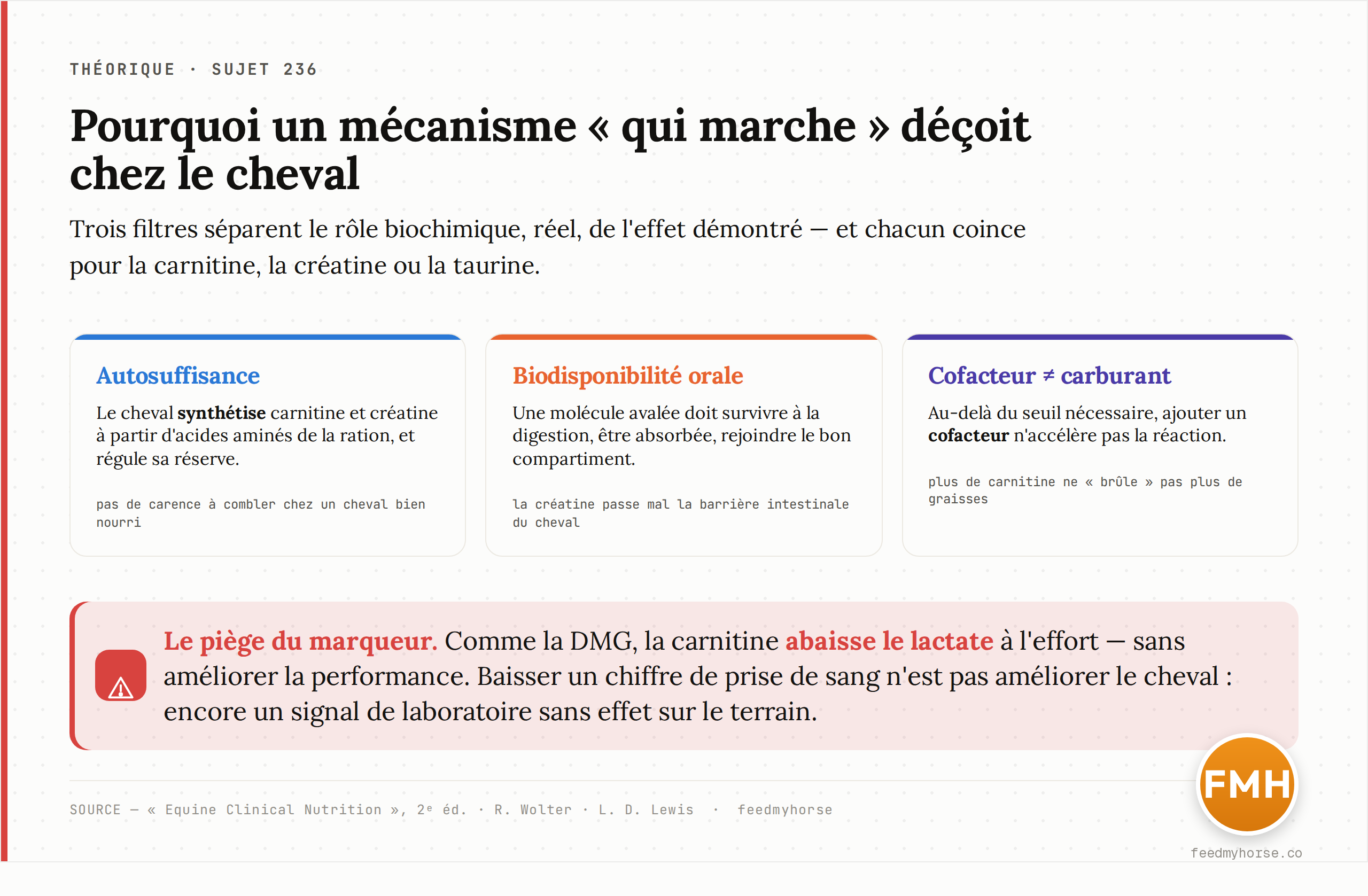 Les trois filtres qui séparent un rôle biochimique réel d'un effet démontré chez le cheval : l'autosuffisance (le cheval synthétise carnitine et créatine), la faible biodisponibilité orale (la créatine passe mal la barrière intestinale) et la confusion cofacteur/carburant. Sources : Equine Clinical Nutrition (2e éd.), R. Wolter, L. D. Lewis.