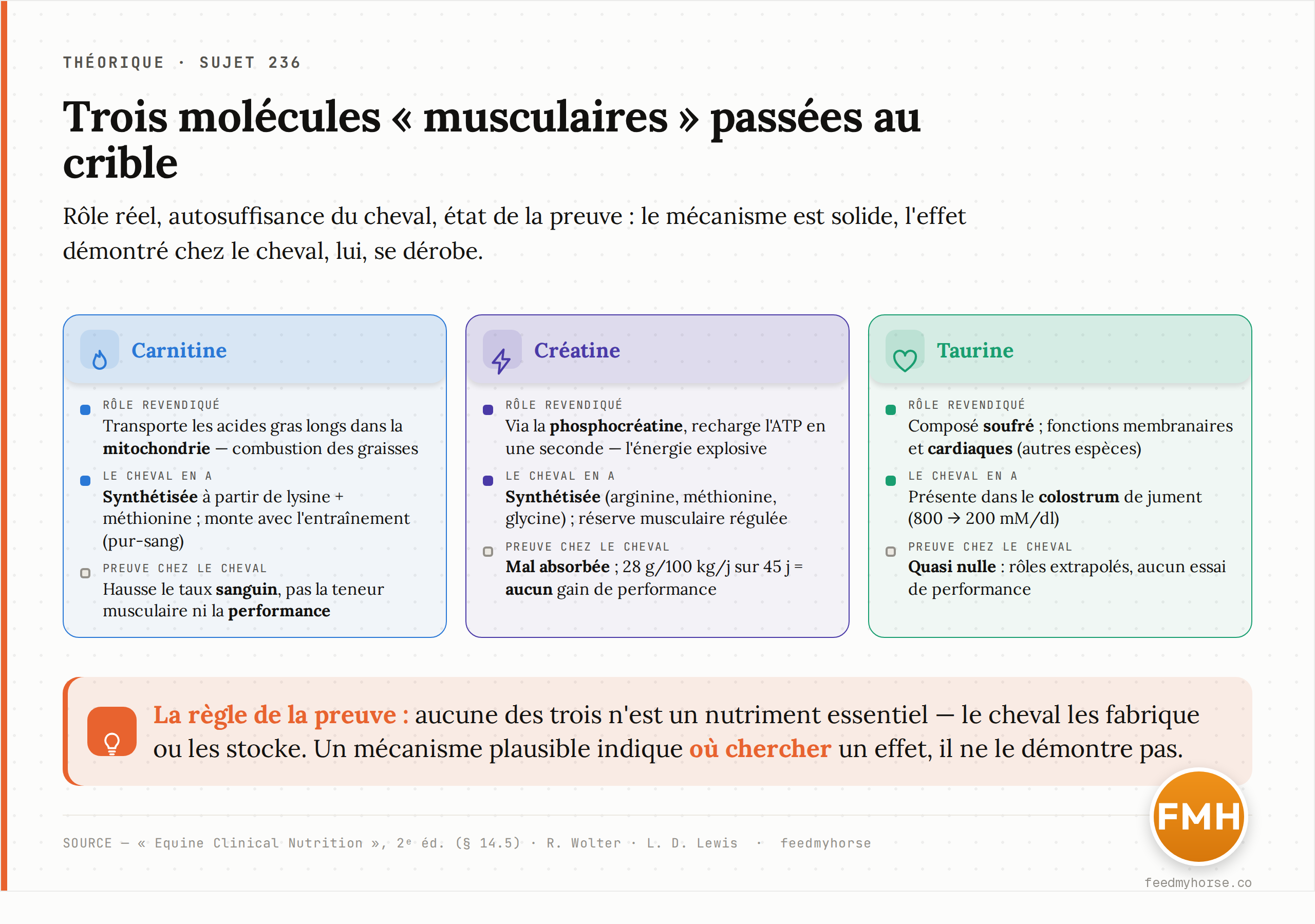 Tableau récapitulatif des trois molécules « musculaires » : pour la carnitine, la créatine et la taurine, le rôle biochimique revendiqué, la capacité du cheval à la synthétiser ou à la stocker, et l'état de la preuve chez le cheval. Sources : Equine Clinical Nutrition (2e éd.), R. Wolter, L. D. Lewis.